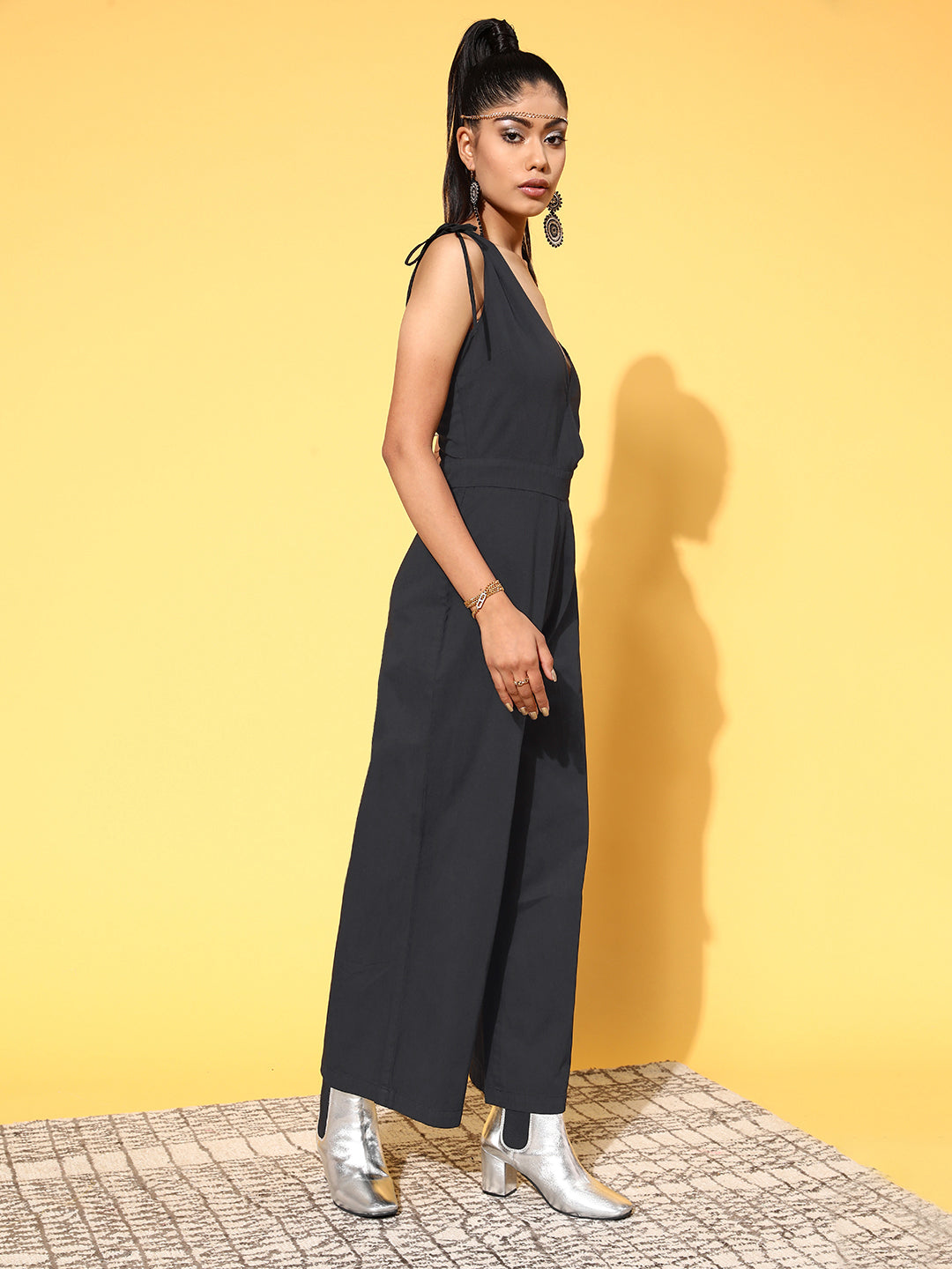 Women Black One Side Strap Denim Jumpsuit