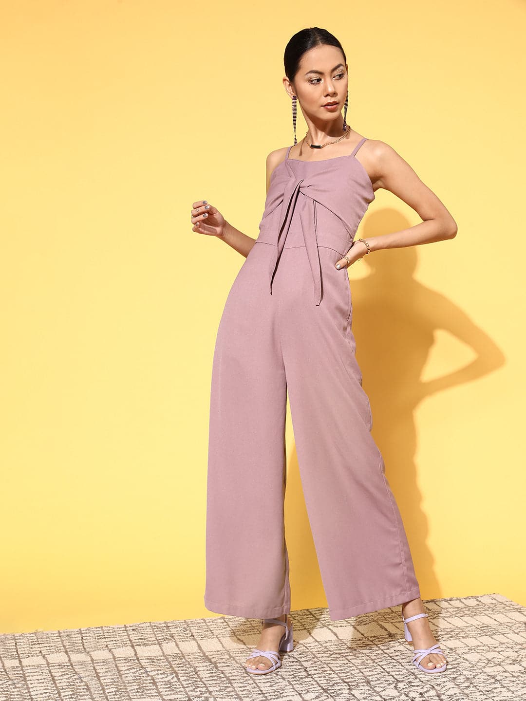 Women Lavender Front Tie Knot Jumpsuit