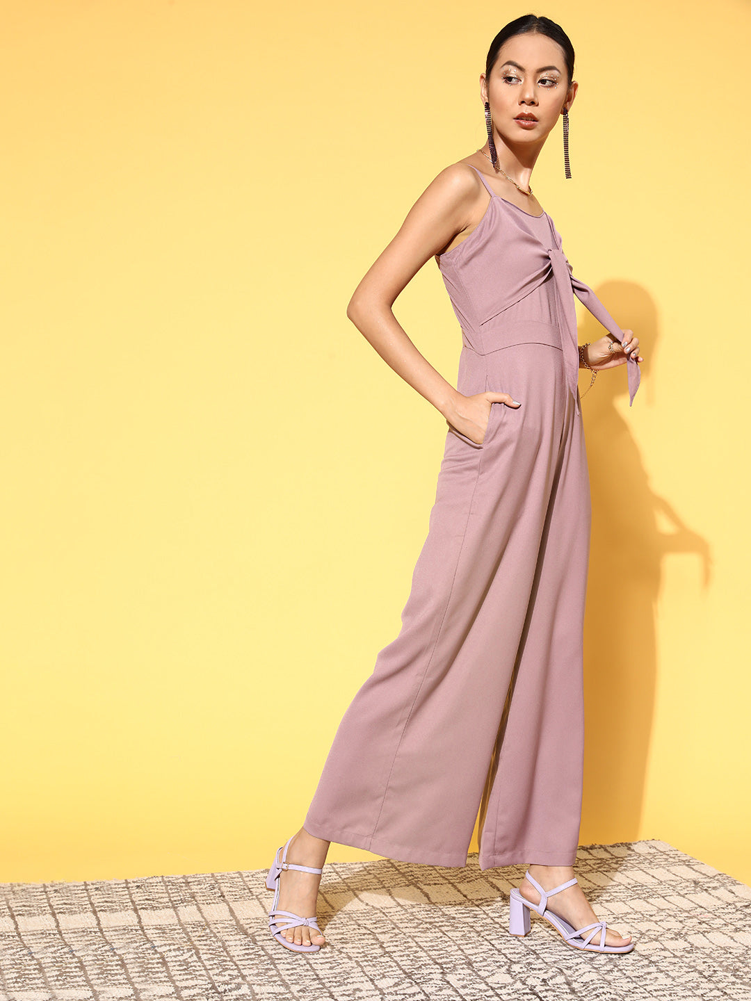 Women Lavender Front Tie Knot Jumpsuit