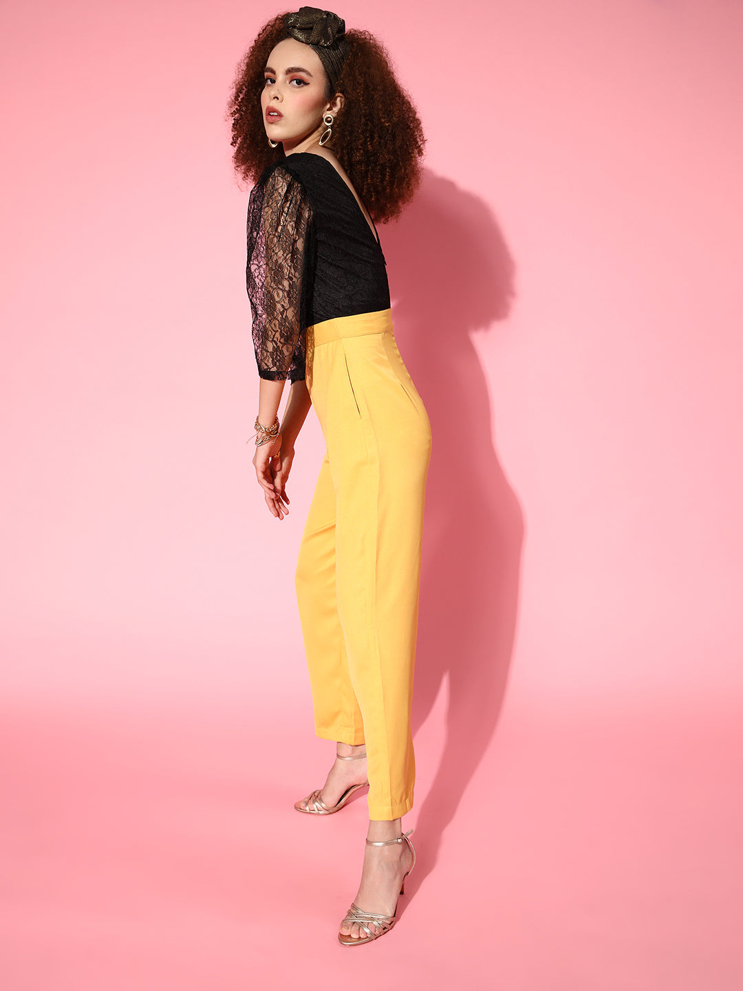 Women Mustard & Black Lace Detail Jumpsuit