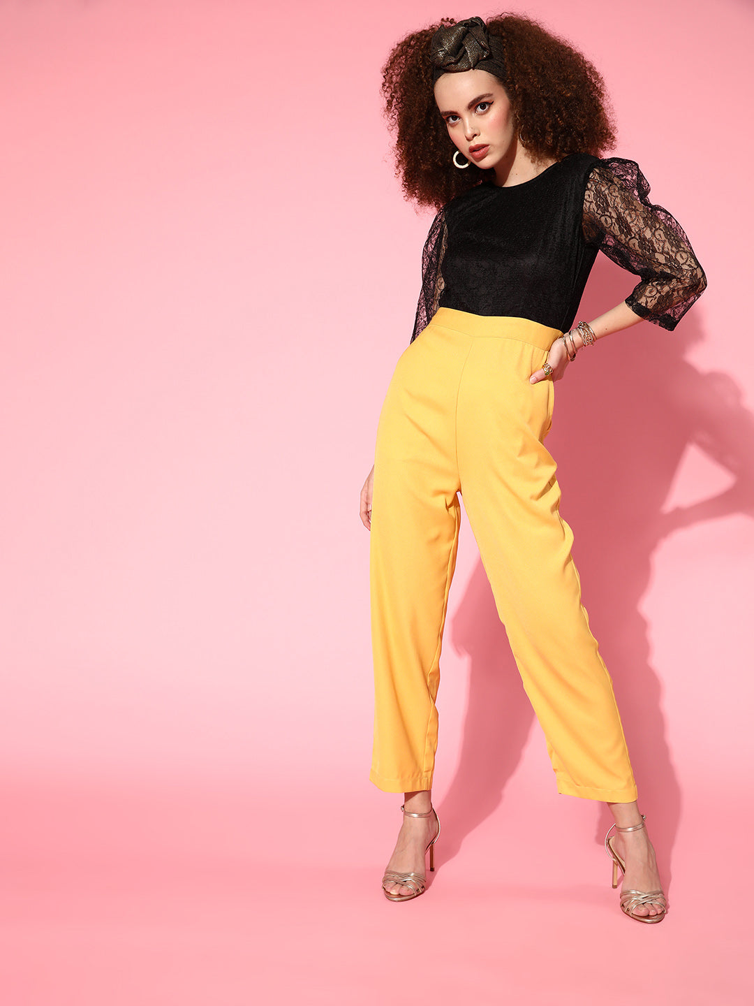 Women Mustard & Black Lace Detail Jumpsuit