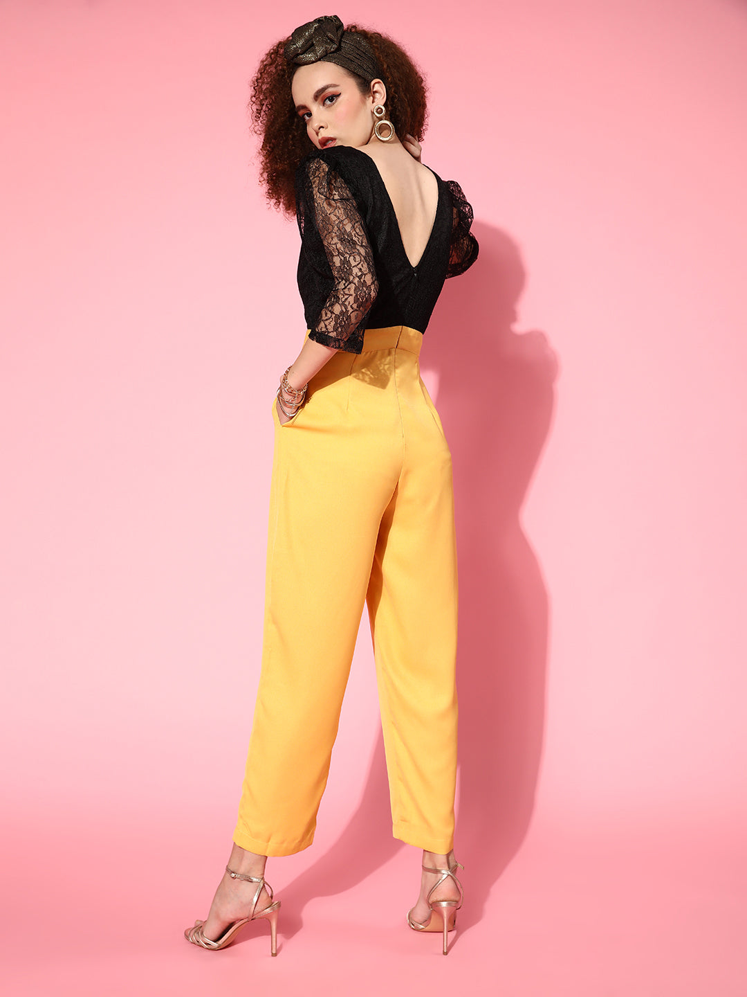 Women Mustard & Black Lace Detail Jumpsuit