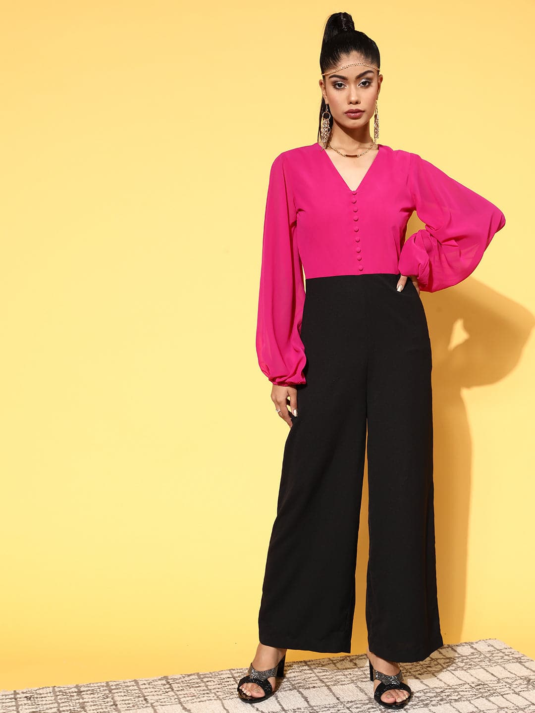 Women Fuchsia & Black Volume Sleeve Jumpsuit