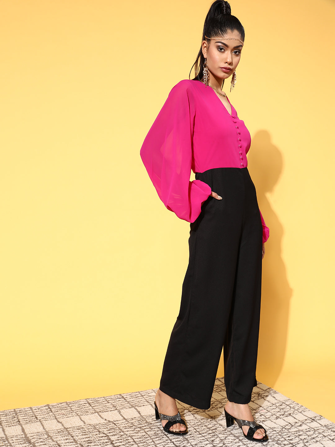 Women Fuchsia & Black Volume Sleeve Jumpsuit