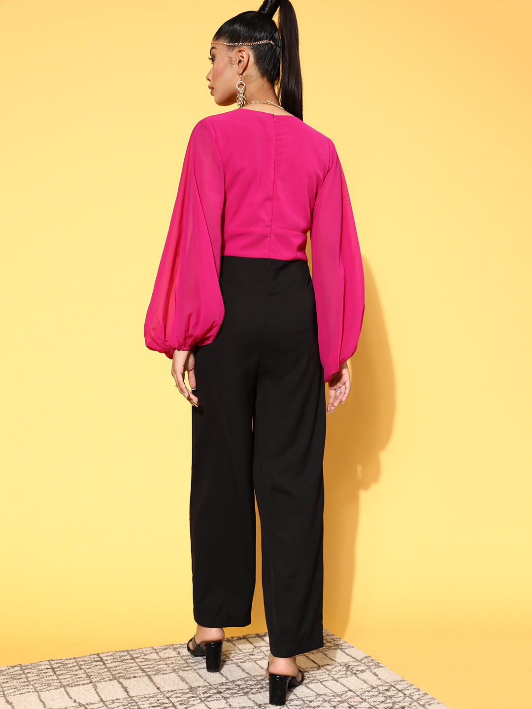 Women Fuchsia & Black Volume Sleeve Jumpsuit