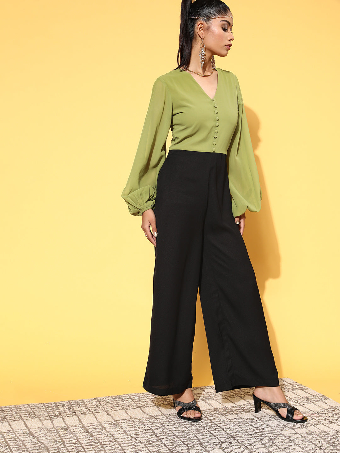 Women Green & Black Volume Sleeve Jumpsuit