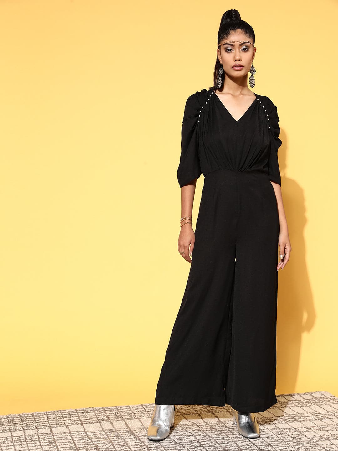 Women Black Pleated Pearl Detail Jumpsuit