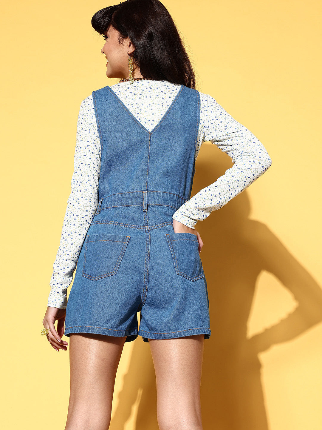 Women Blue Denim V-Neck Shorts Dungaree