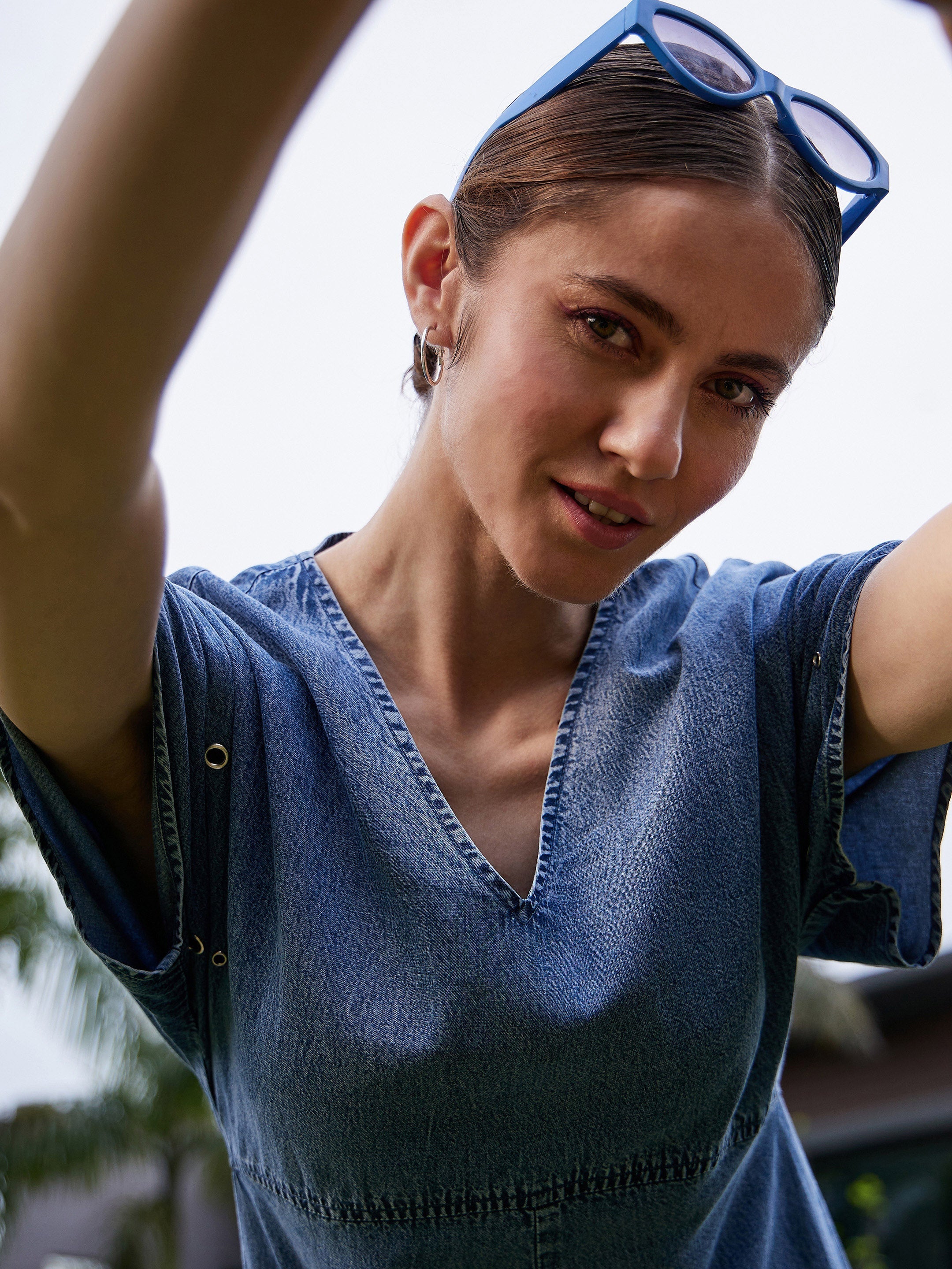 Women Blue Wash Tencel Playsuit