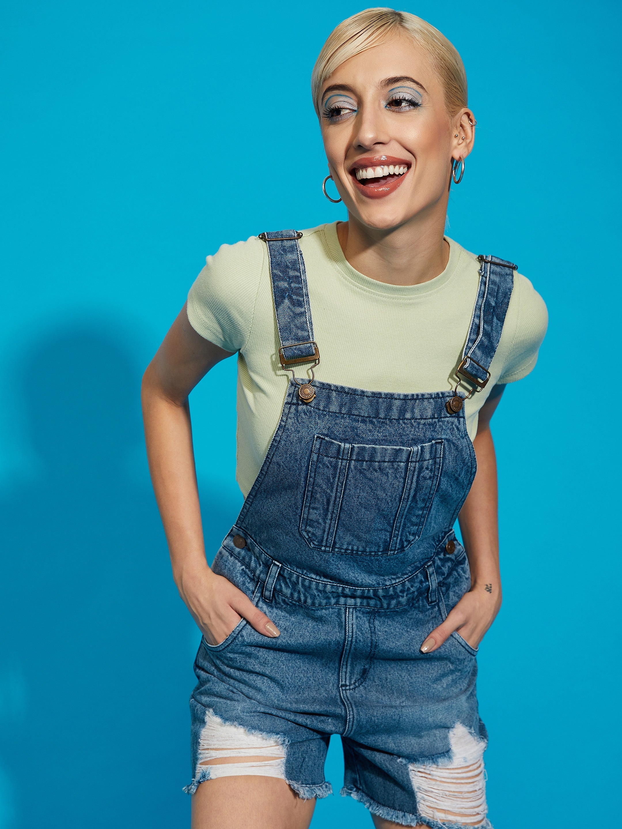 Women Blue Denim Distress Dungaree