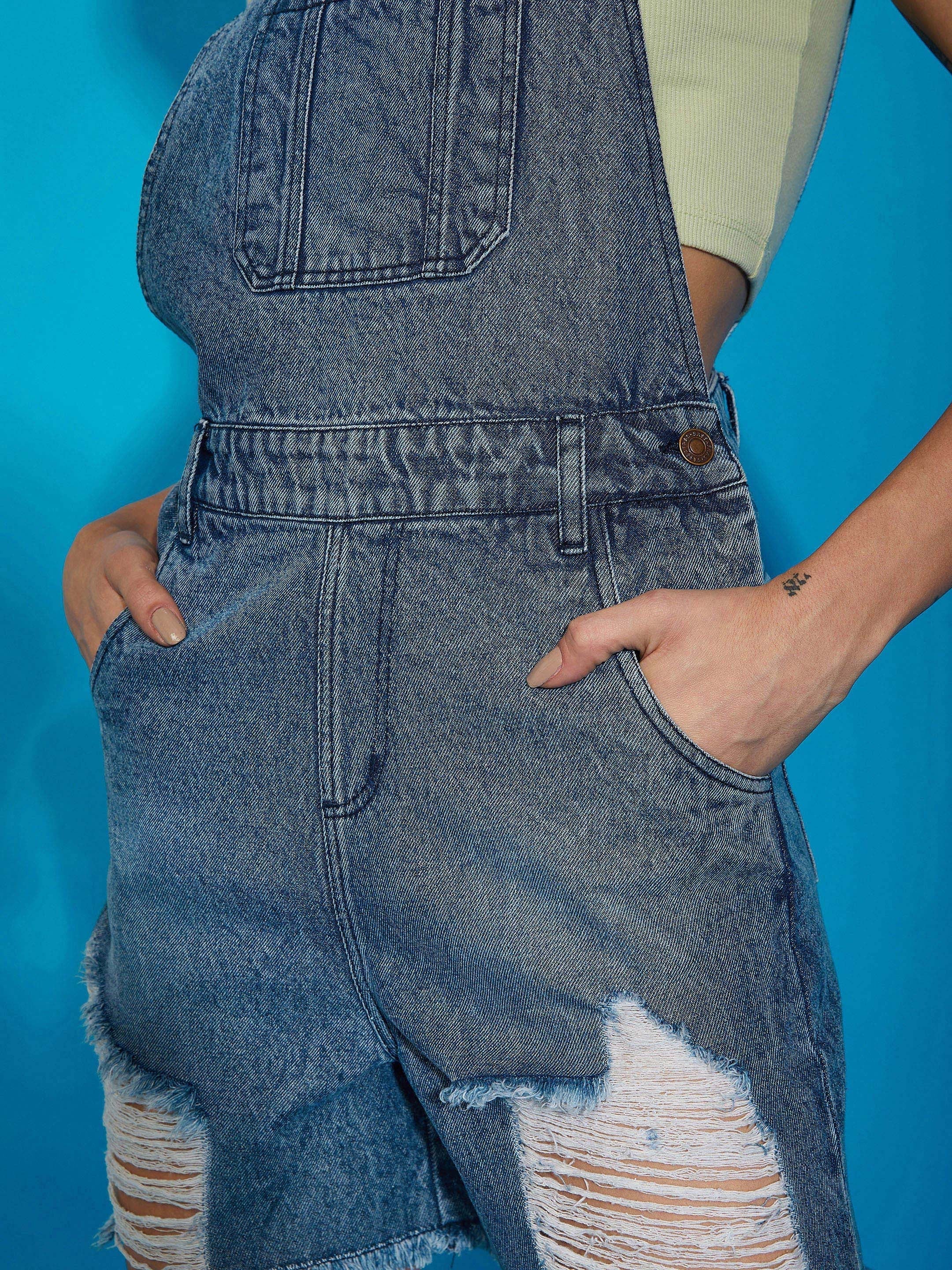 Women Blue Denim Distress Dungaree