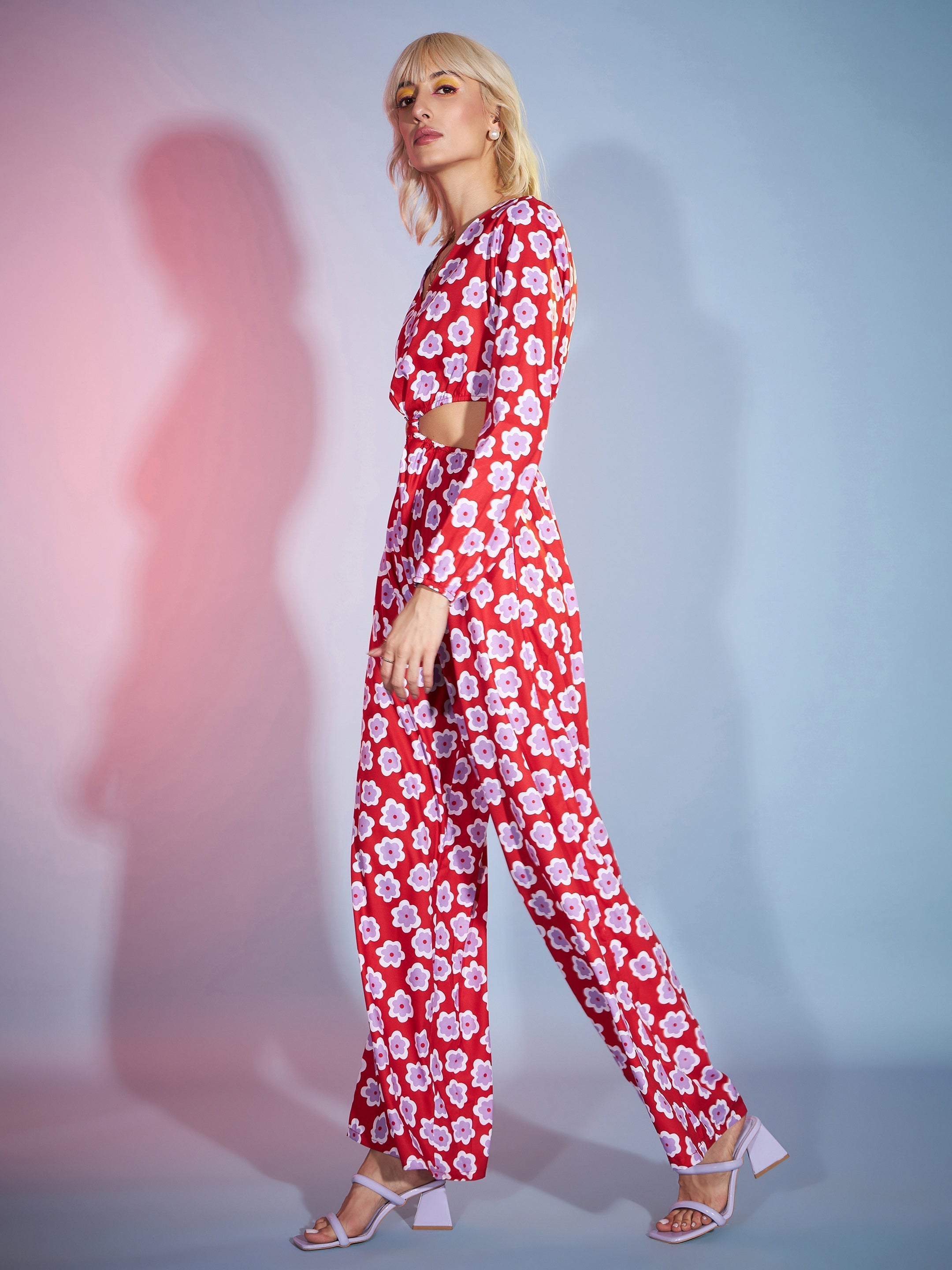 Women Red Floral Twisted Waist Cut Out Jumpsuit