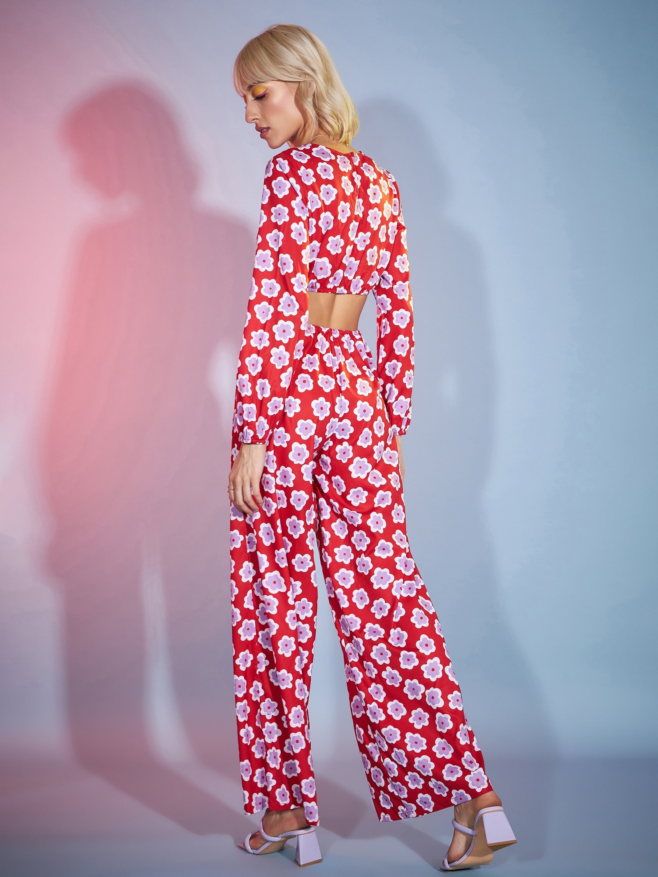 Women Red Floral Twisted Waist Cut Out Jumpsuit