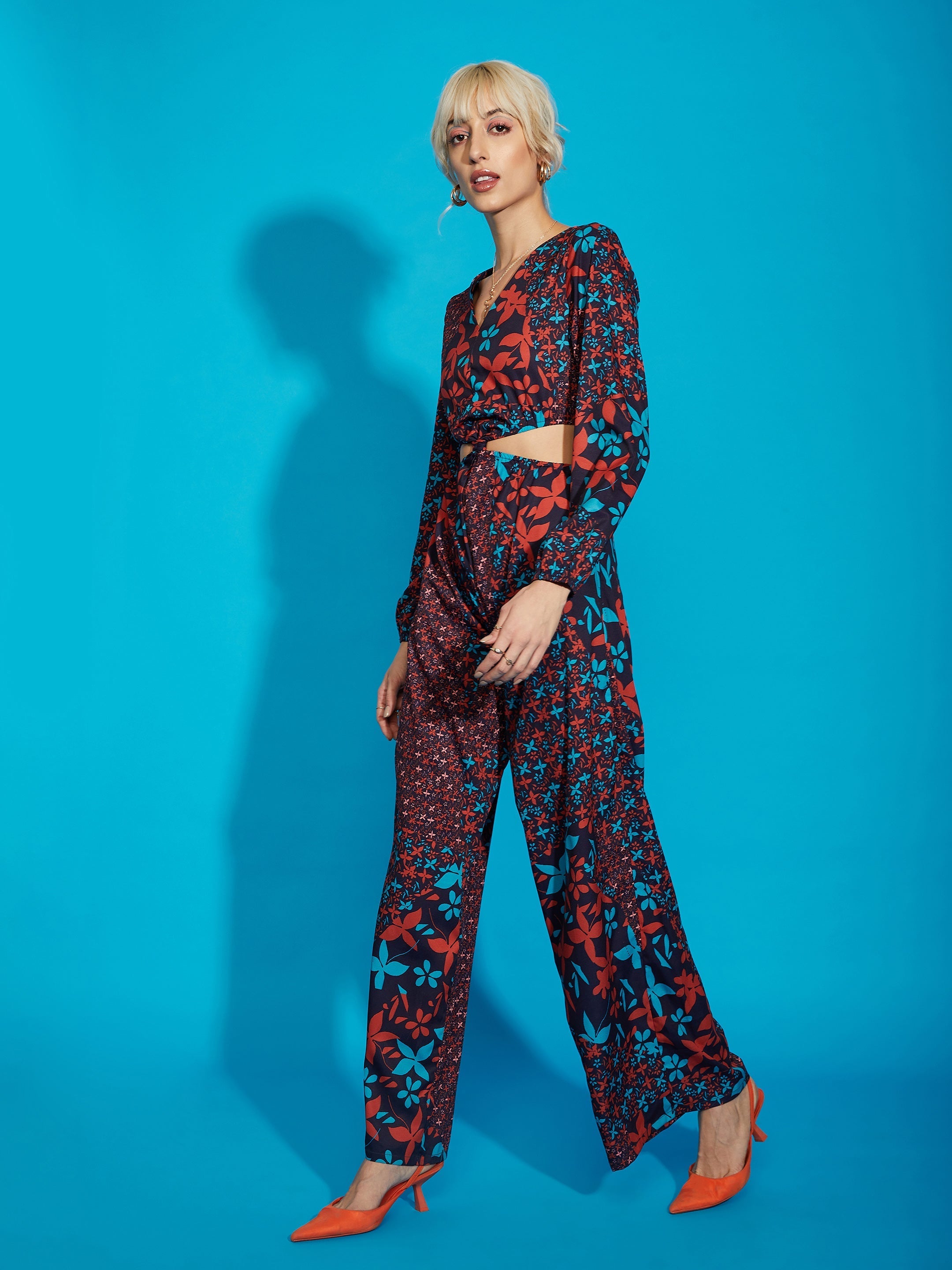 Women Navy Floral Twisted Waist Cut Out Jumpsuit