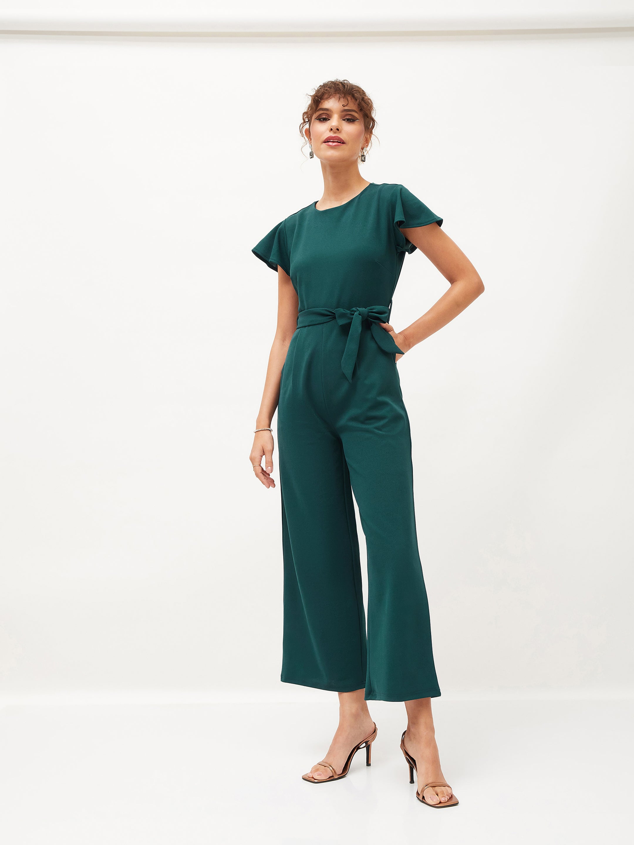 Women Emerald Cap Sleeves Belted Jumpsuit