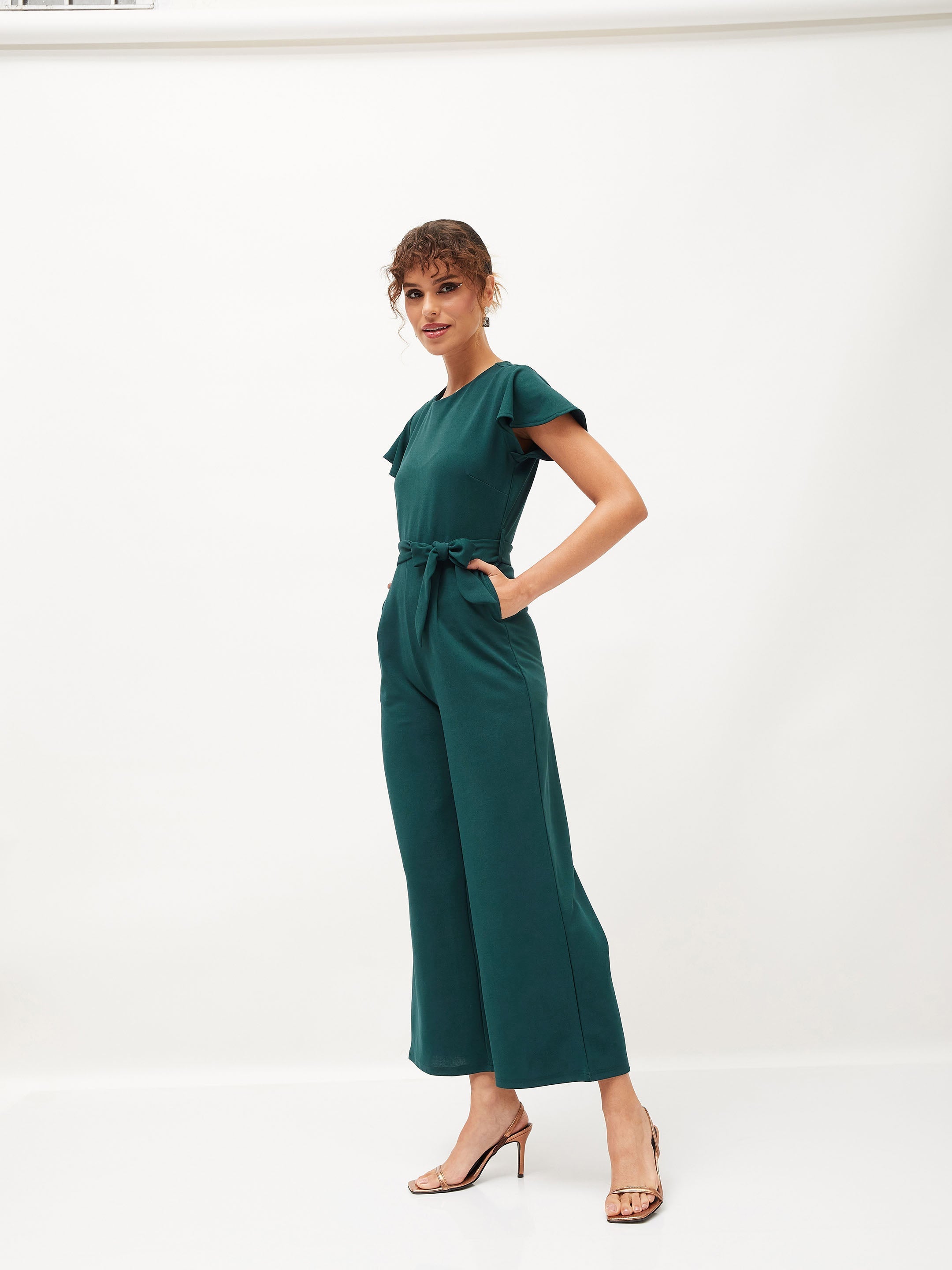 Women Emerald Cap Sleeves Belted Jumpsuit