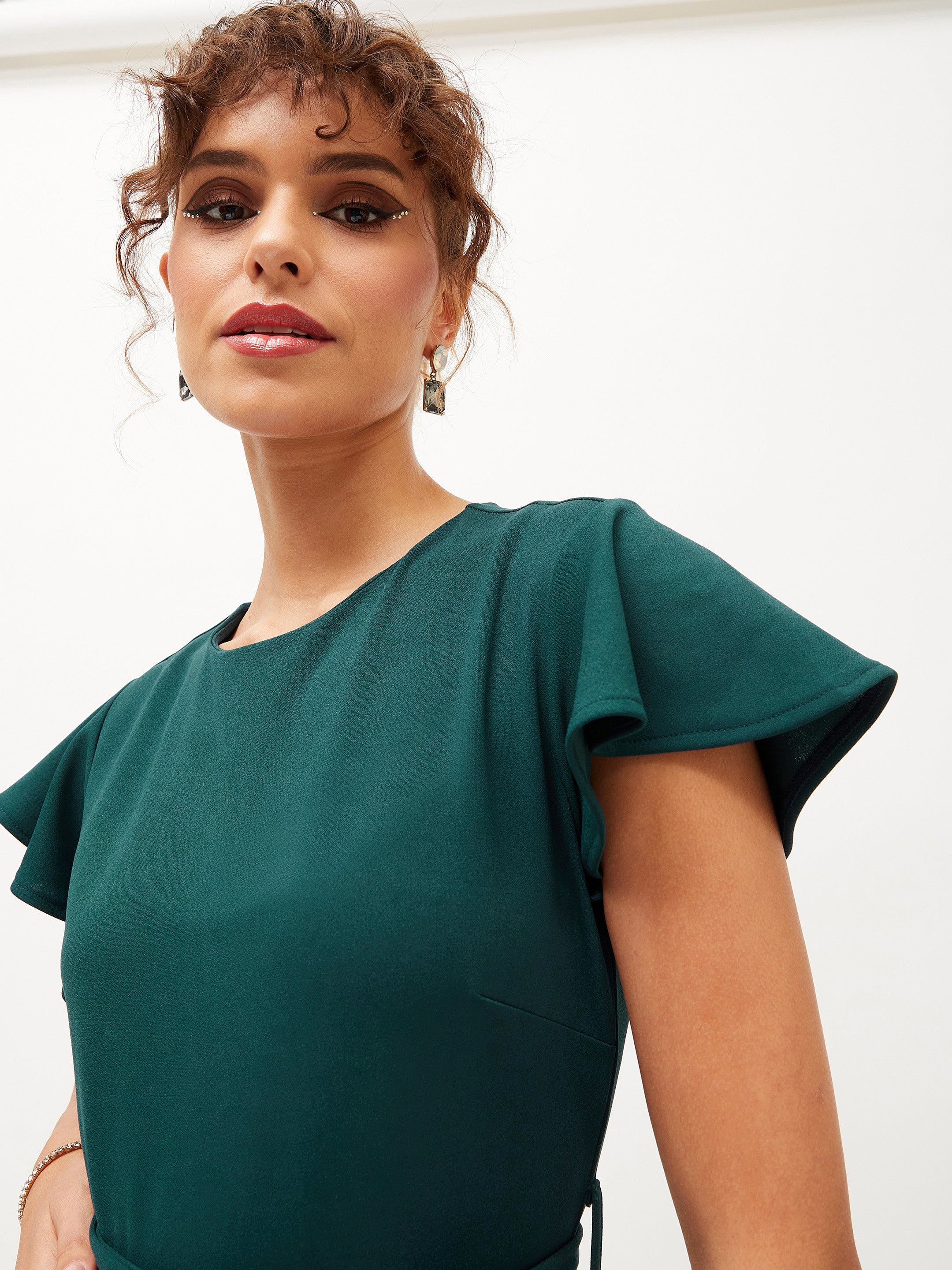 Women Emerald Cap Sleeves Belted Jumpsuit