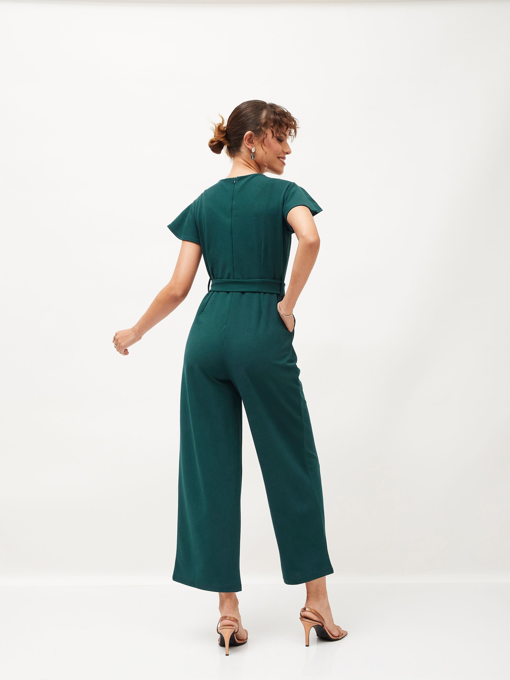 Women Emerald Cap Sleeves Belted Jumpsuit