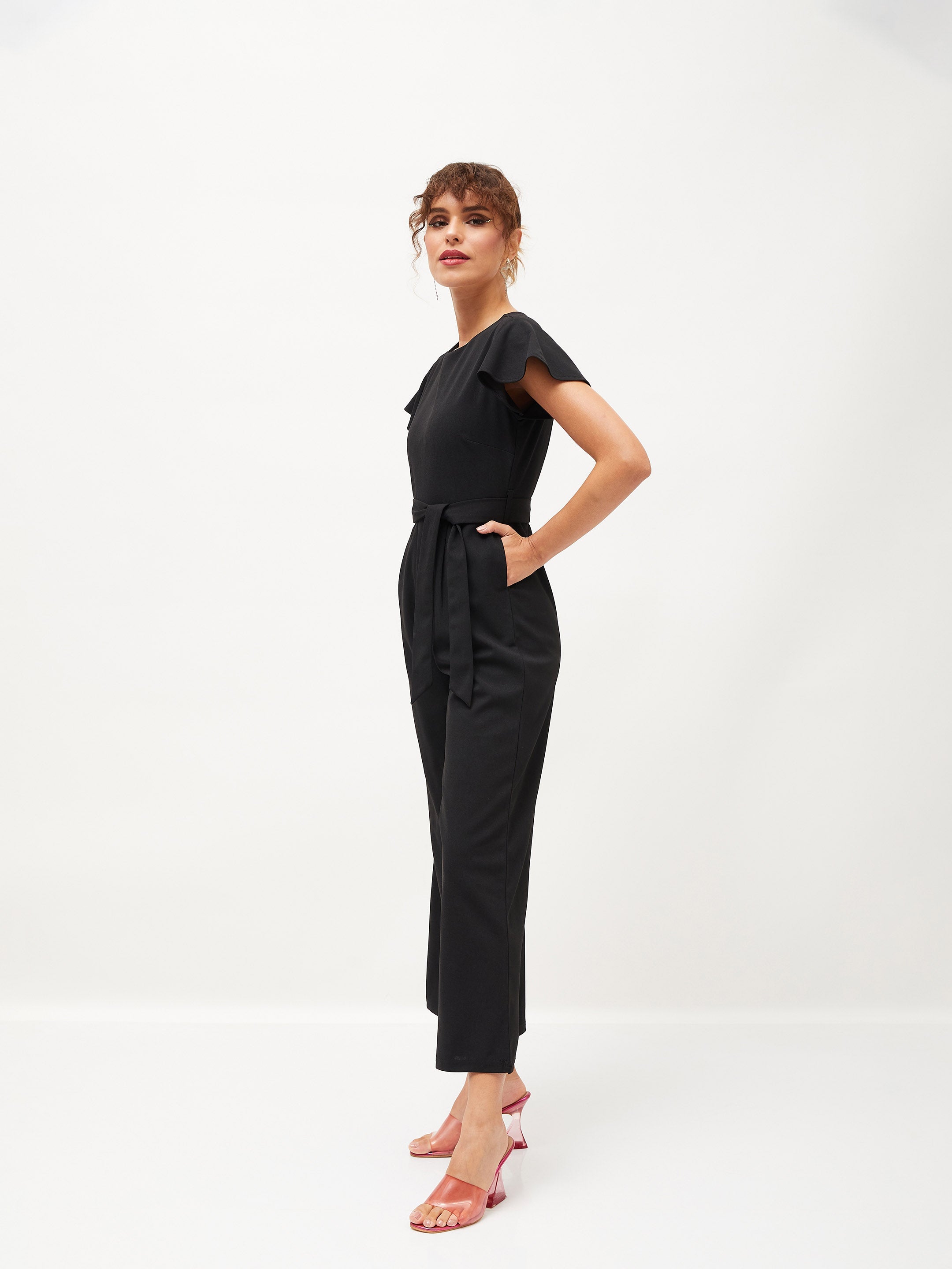 Women Black Cap Sleeves Belted Jumpsuit