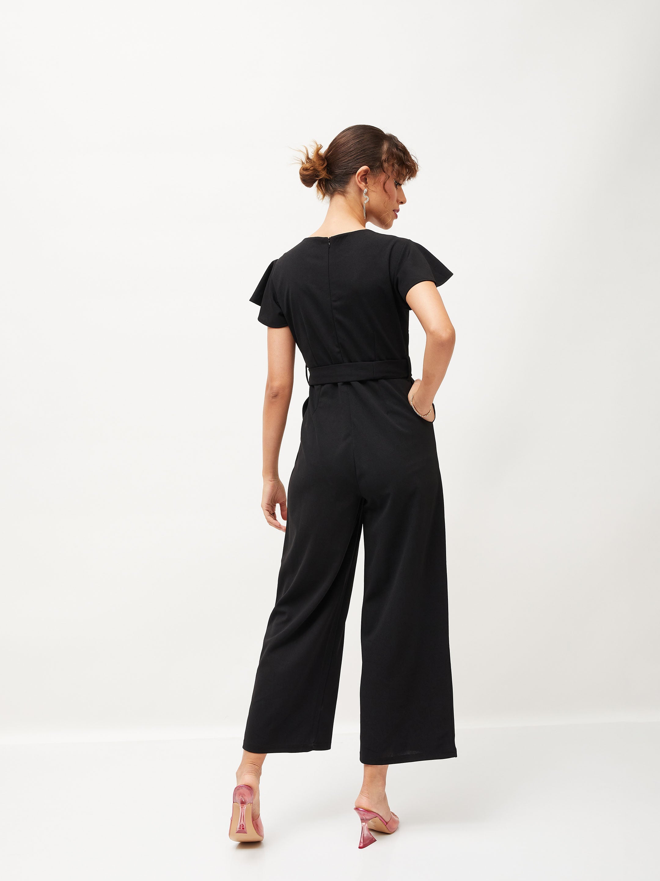 Women Black Cap Sleeves Belted Jumpsuit