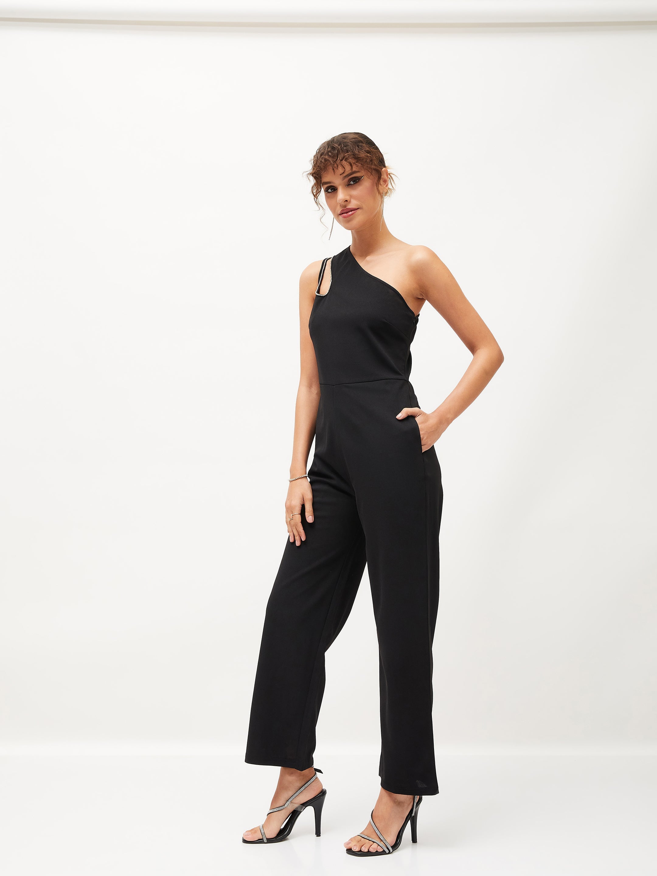 Women Black Diamante One Shoulder Jumpsuit