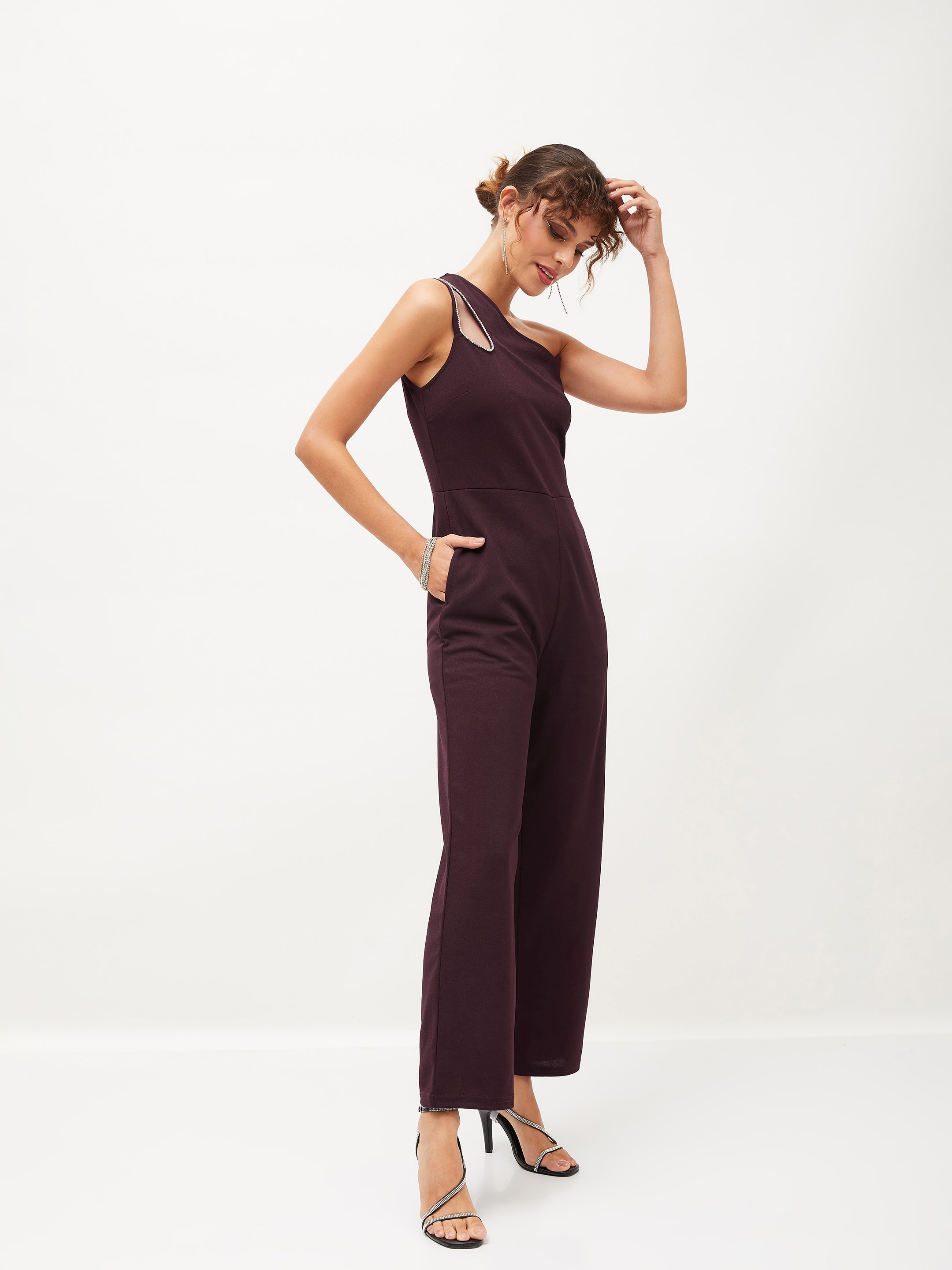 Women Burgundy Diamante One Shoulder Jumpsuit