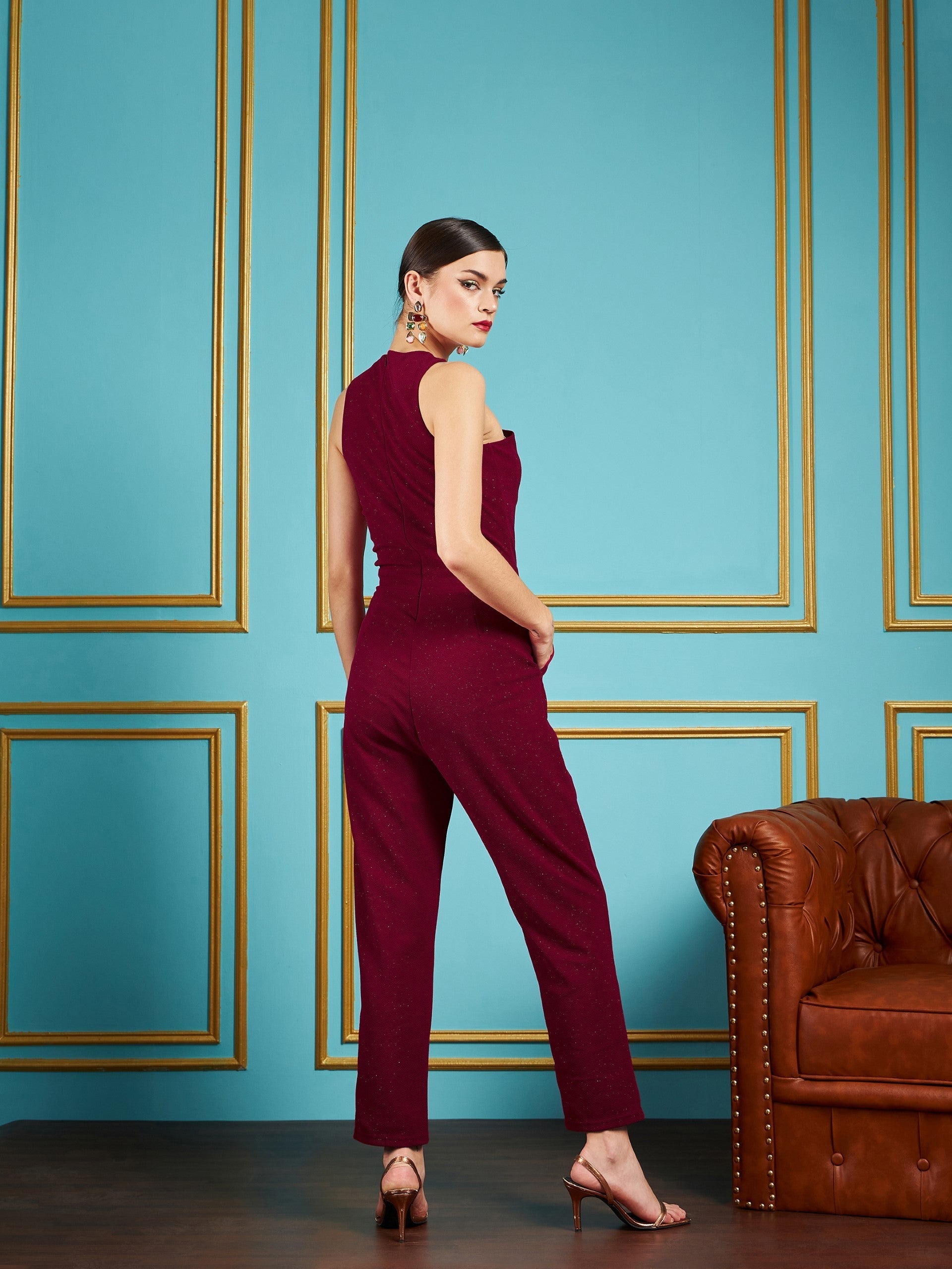 Women Maroon Gliiter Halter Neck Tapered Jumpsuit