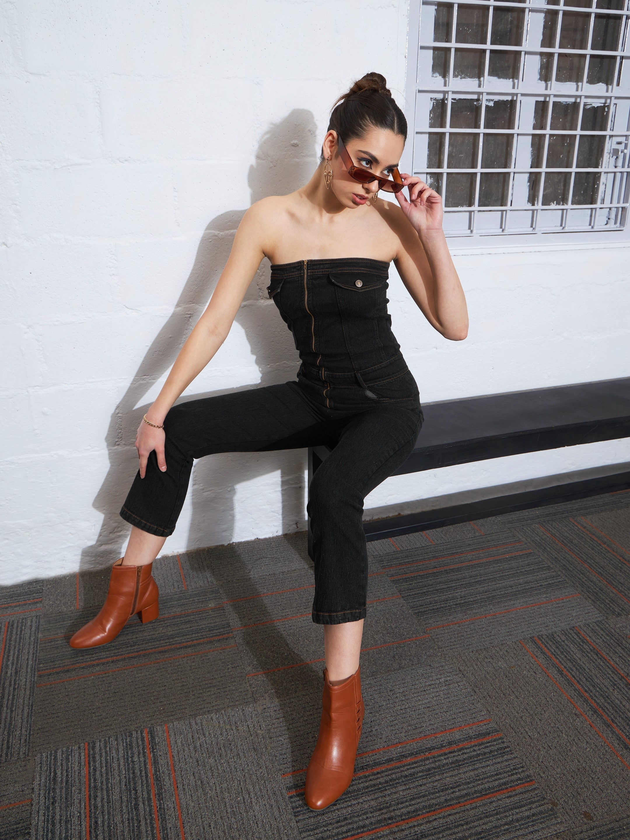 Women Black Denim Corset Jumpsuit