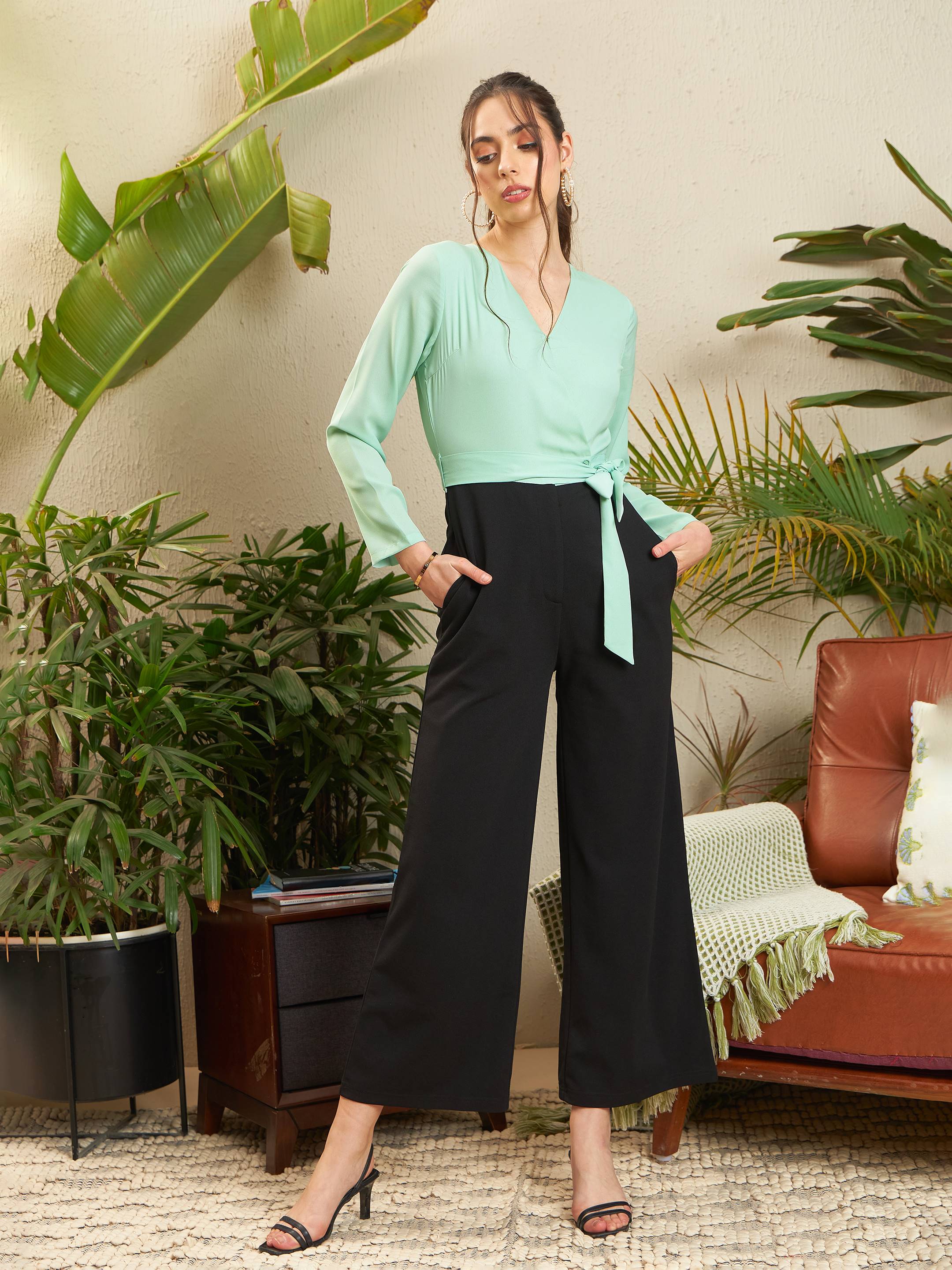 Women Sea Green & Black V Neck Belted Wrap Jumpsuit