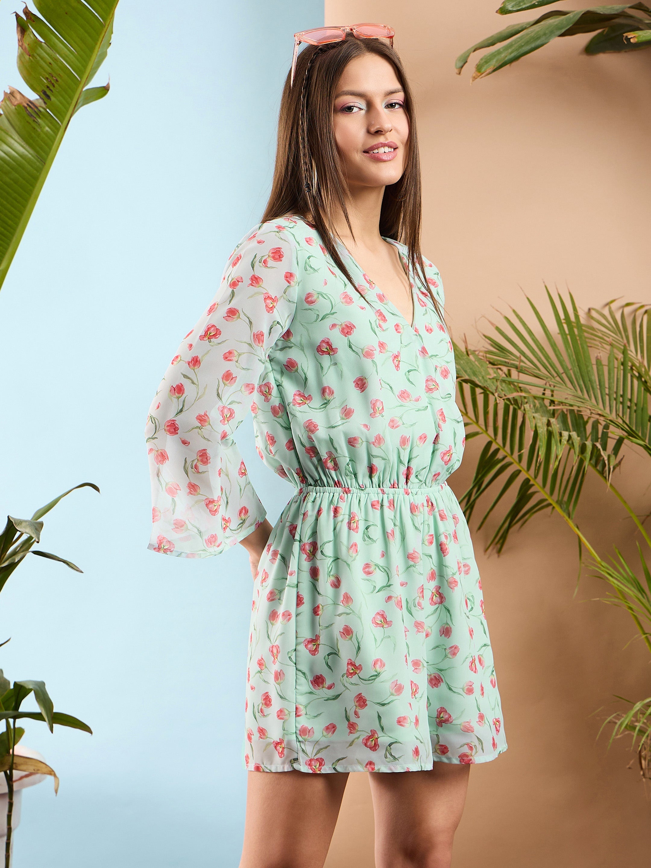 Women Sea Green Floral Wrap Romper