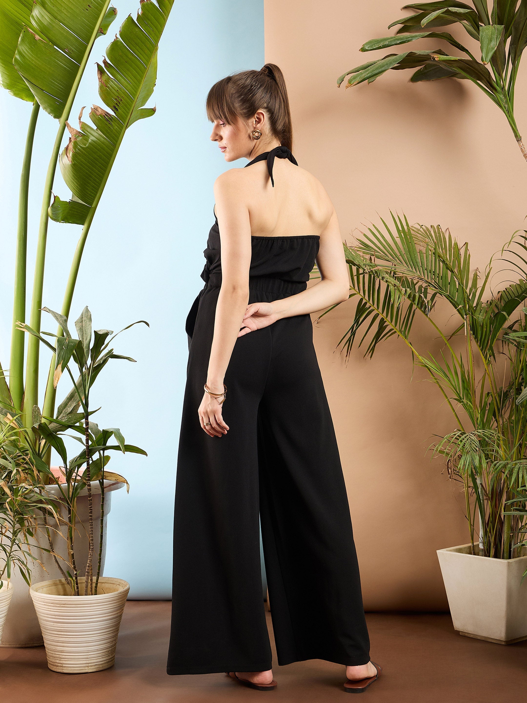 Women Black Knitted Halter Neck Jumpsuit