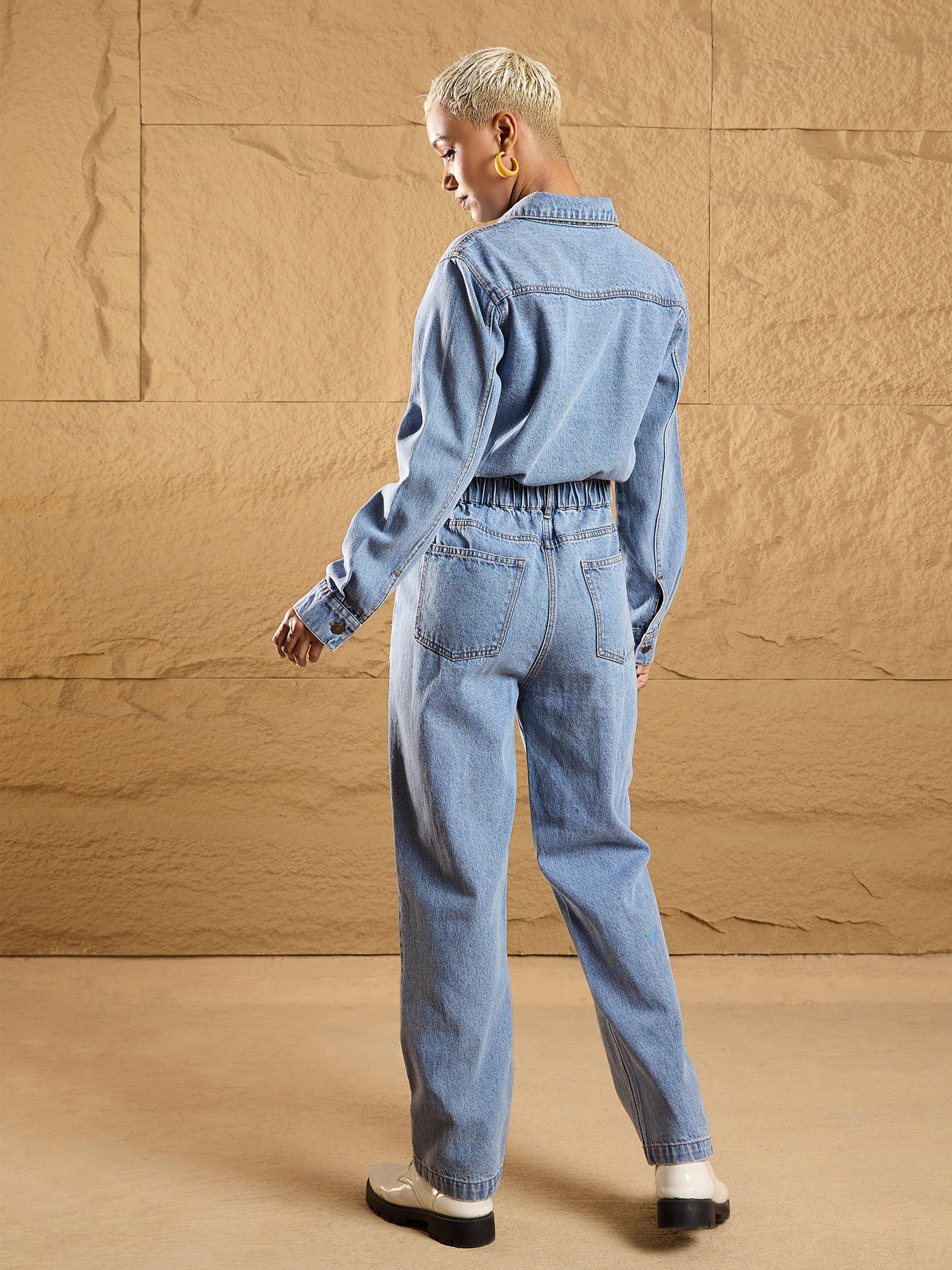 Women Ice Blue Denim Full Sleeve Jumpsuit