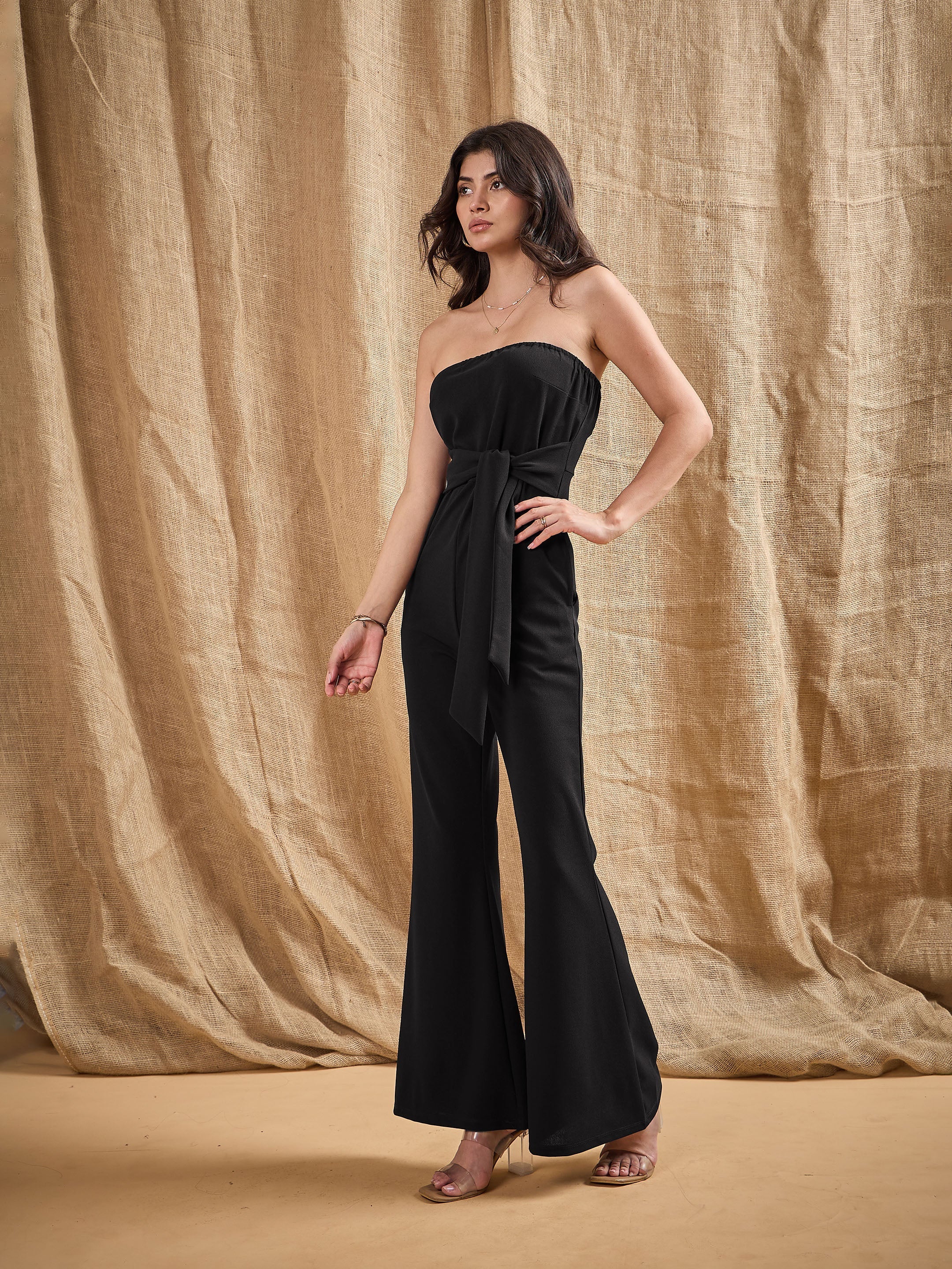 Women Black Off-Shoulder Belted Jumpsuit