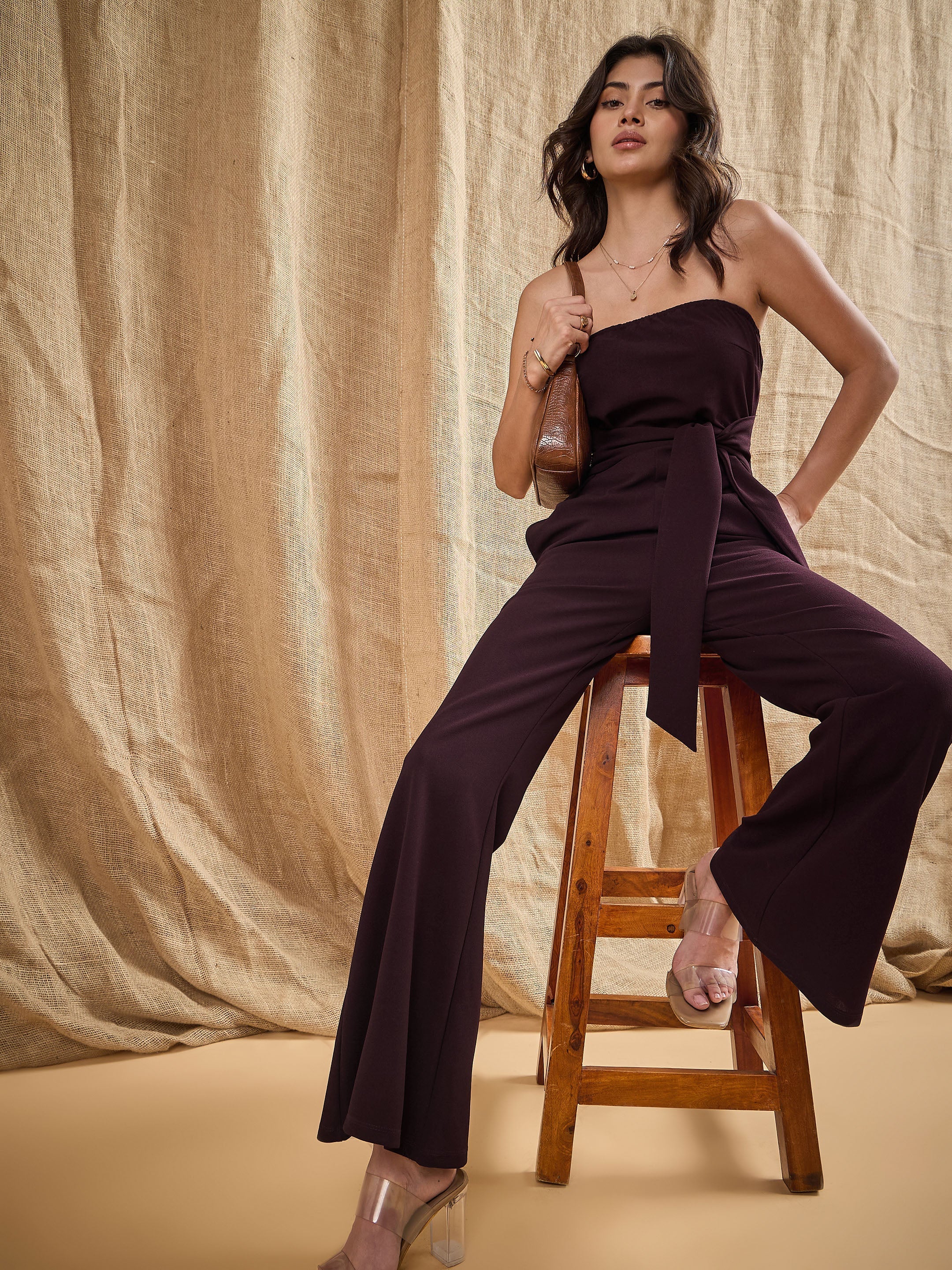 Women Burgundy Off-Shoulder Belted Jumpsuit