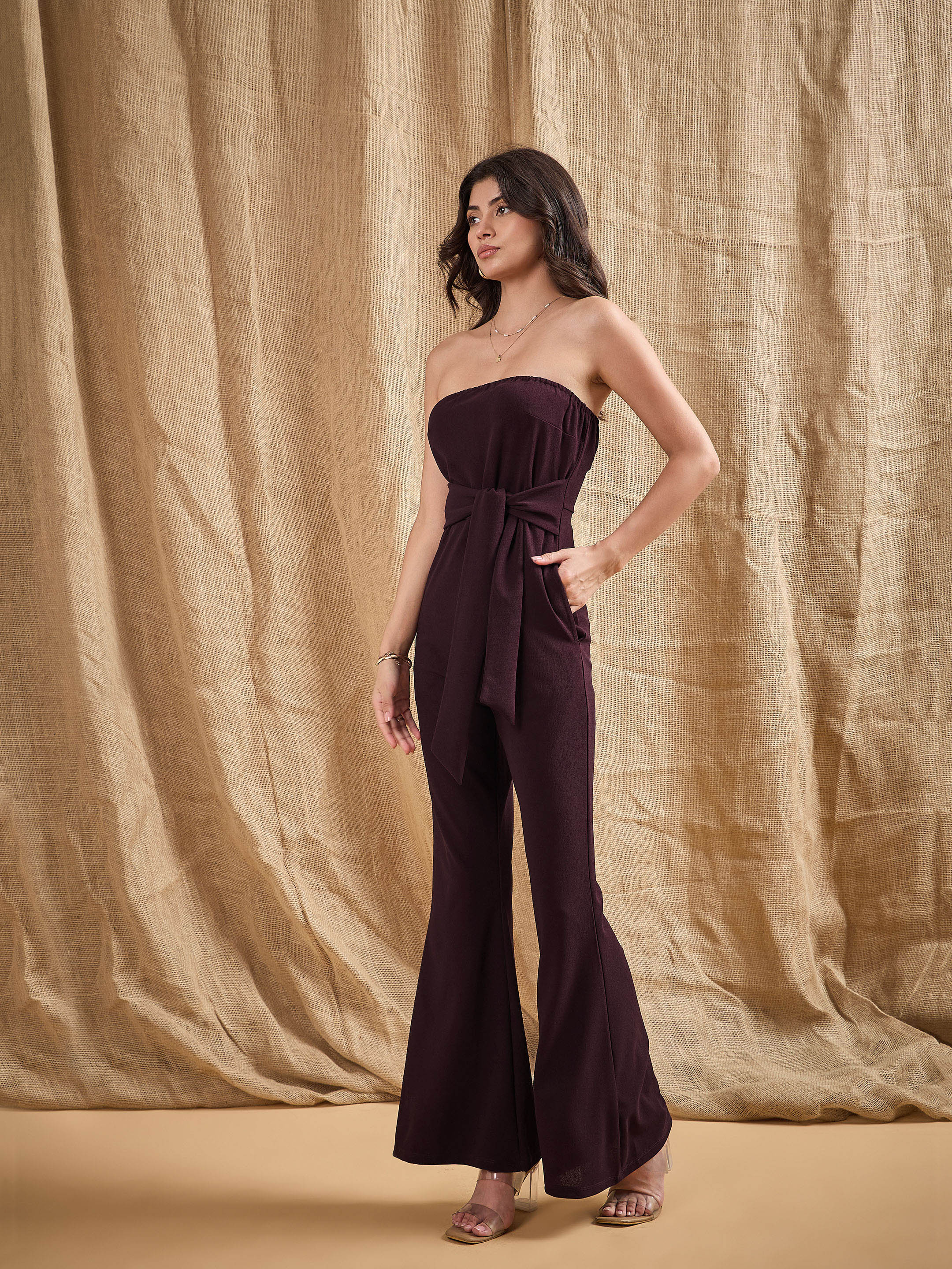 Women Burgundy Off-Shoulder Belted Jumpsuit