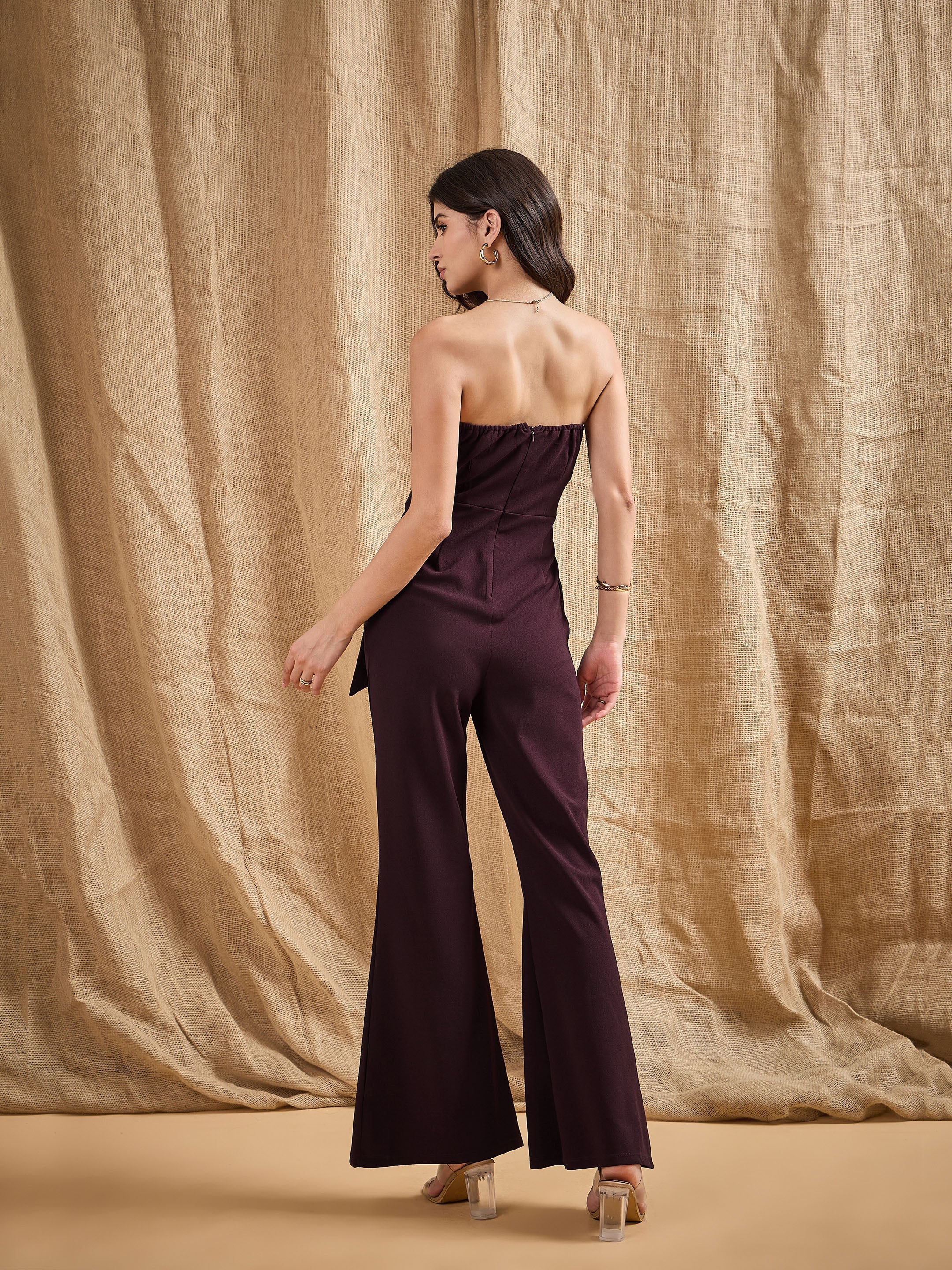 Women Burgundy Off-Shoulder Belted Jumpsuit