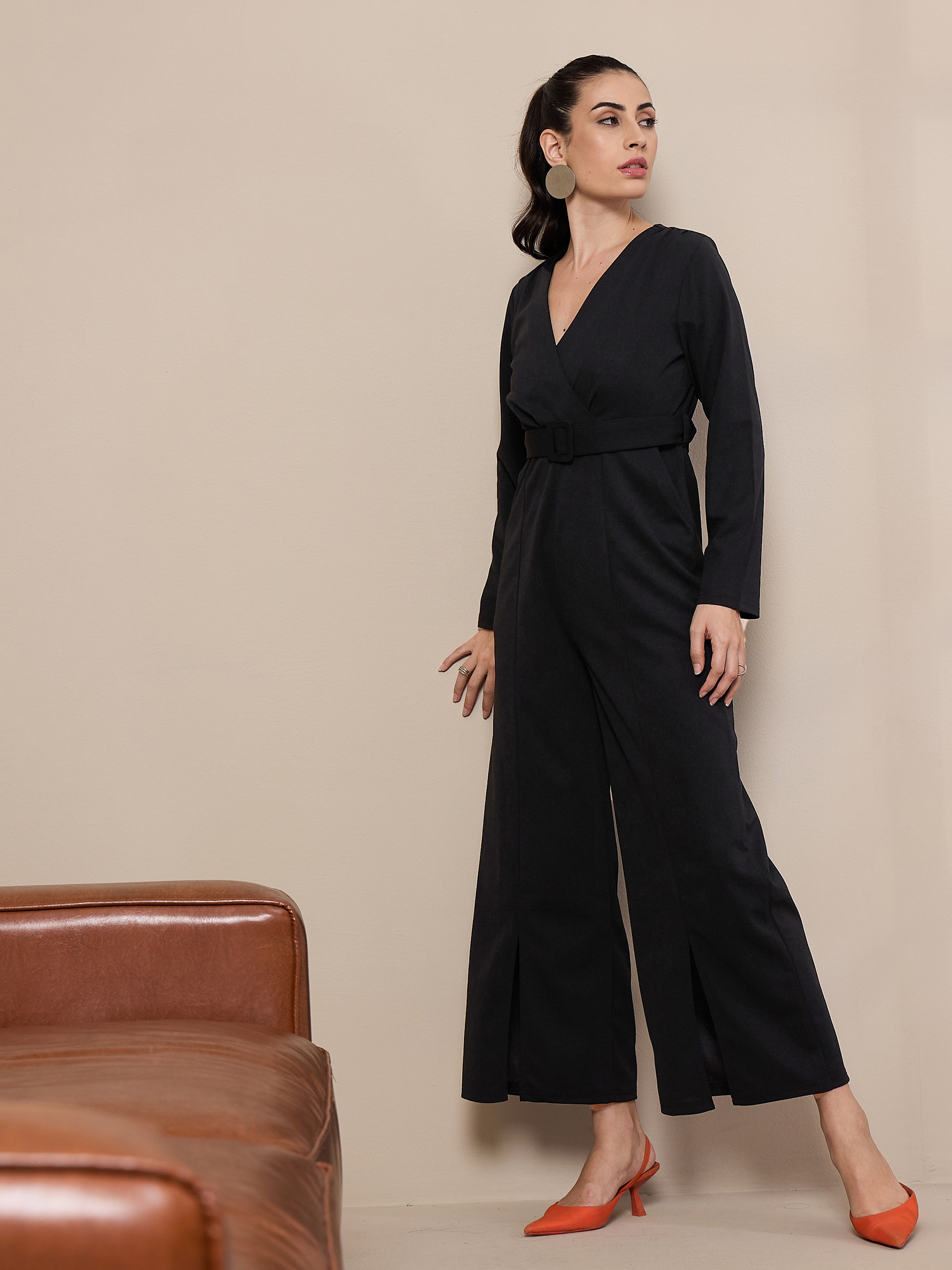 Women Black V-Neck Belted Jumpsuit