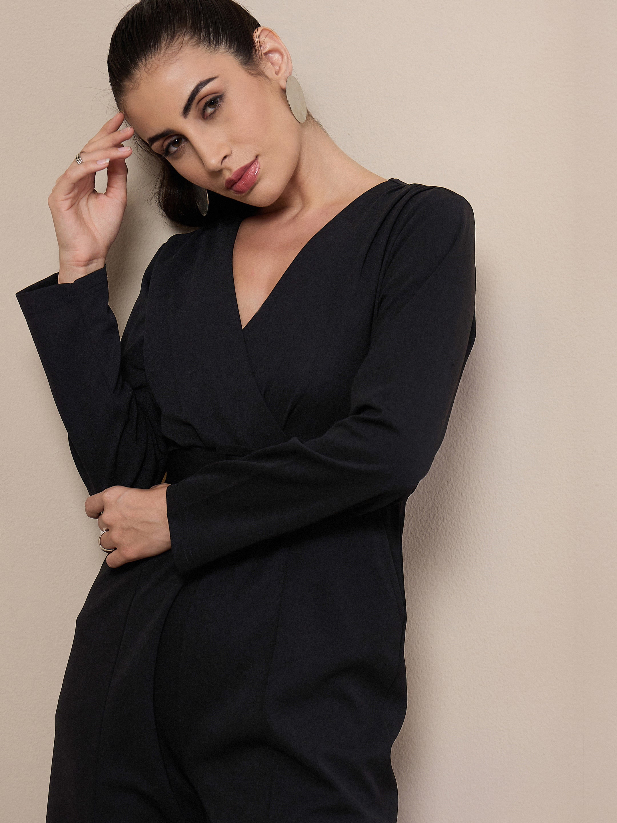 Women Black V-Neck Belted Jumpsuit