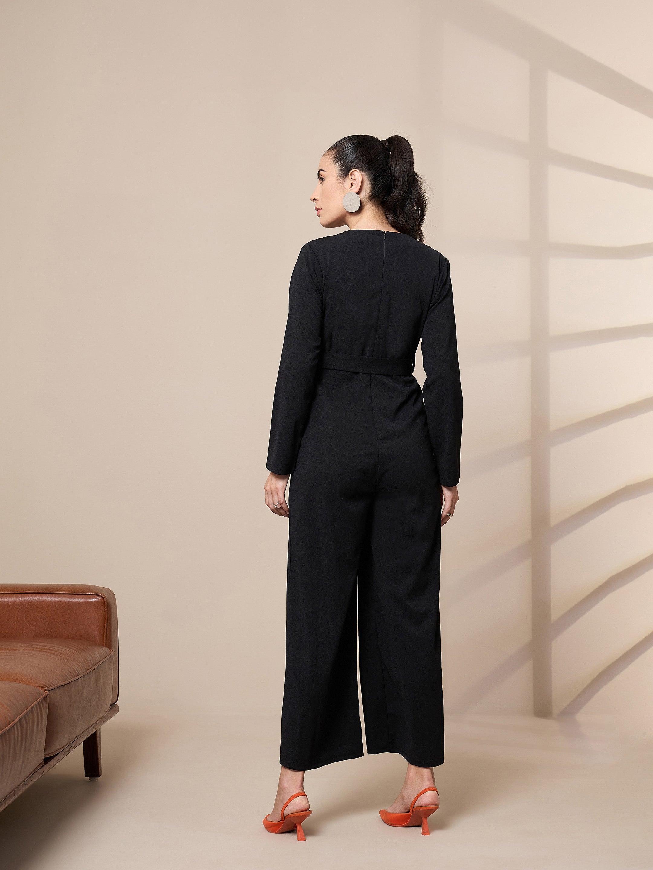 Women Black V-Neck Belted Jumpsuit