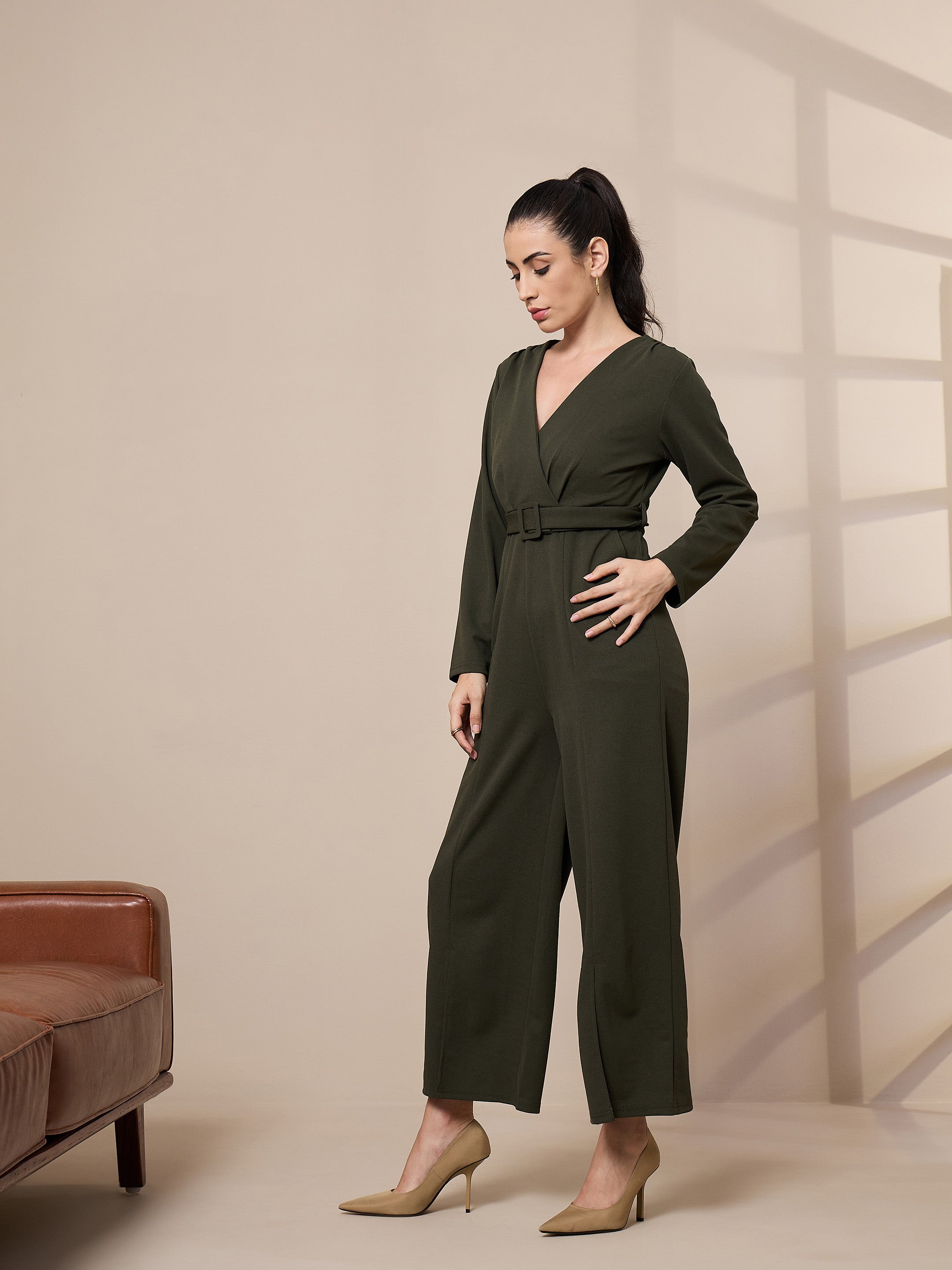 Women Olive V-Neck Belted Jumpsuit