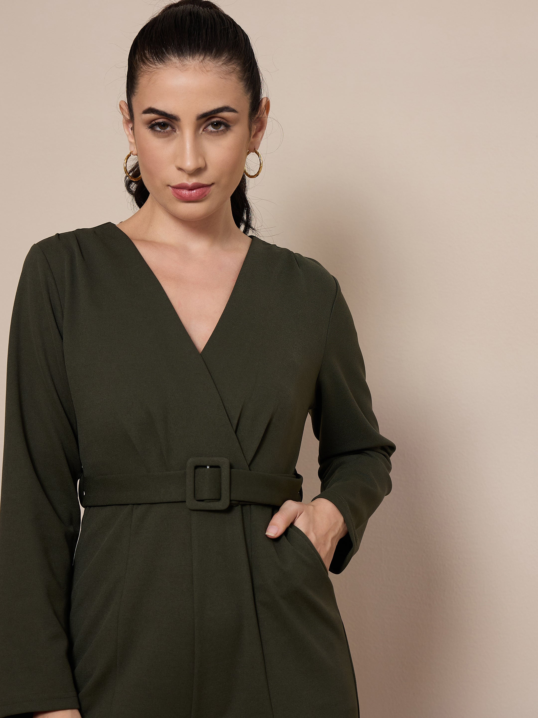 Women Olive V-Neck Belted Jumpsuit