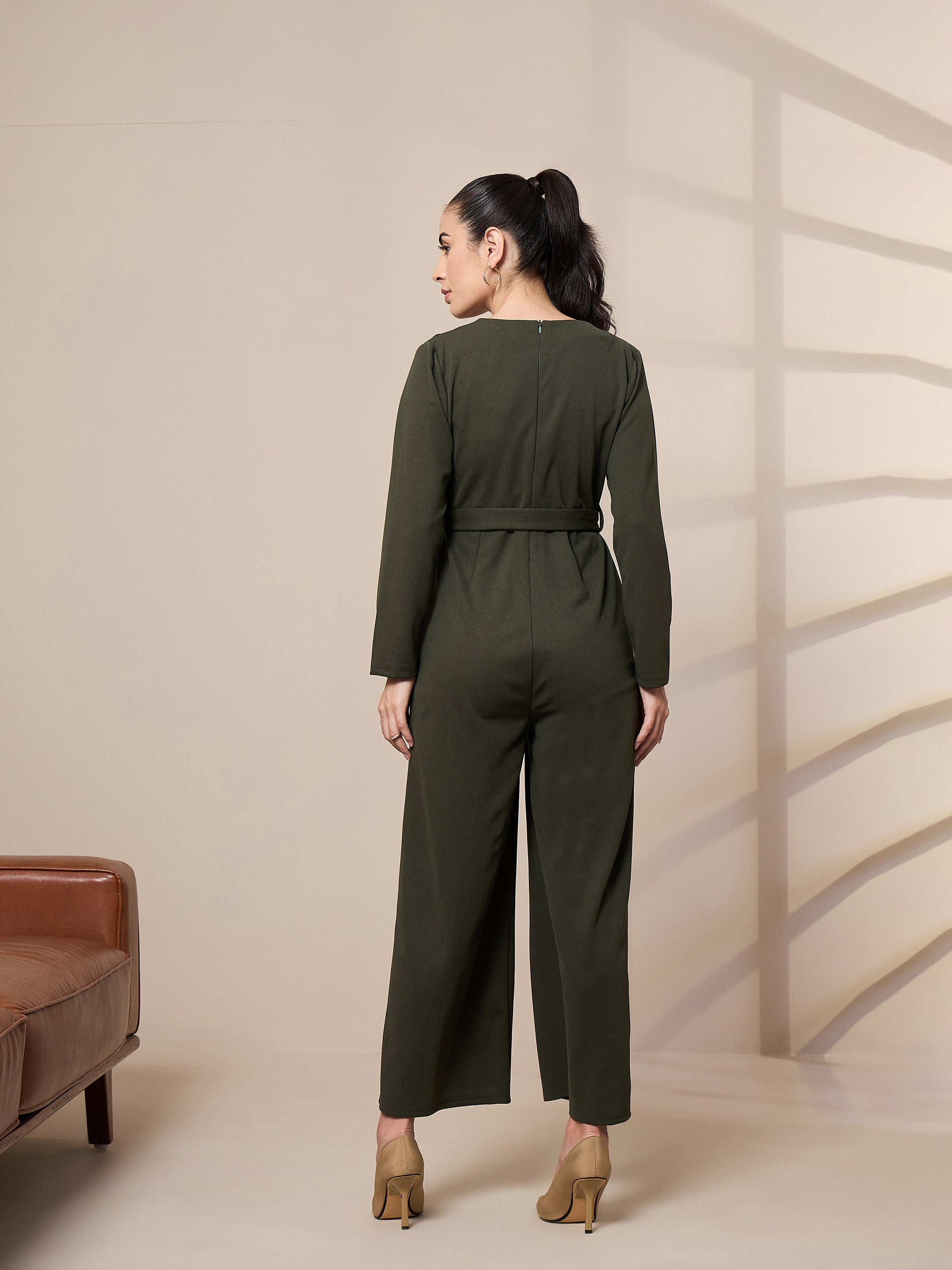 Women Olive V-Neck Belted Jumpsuit