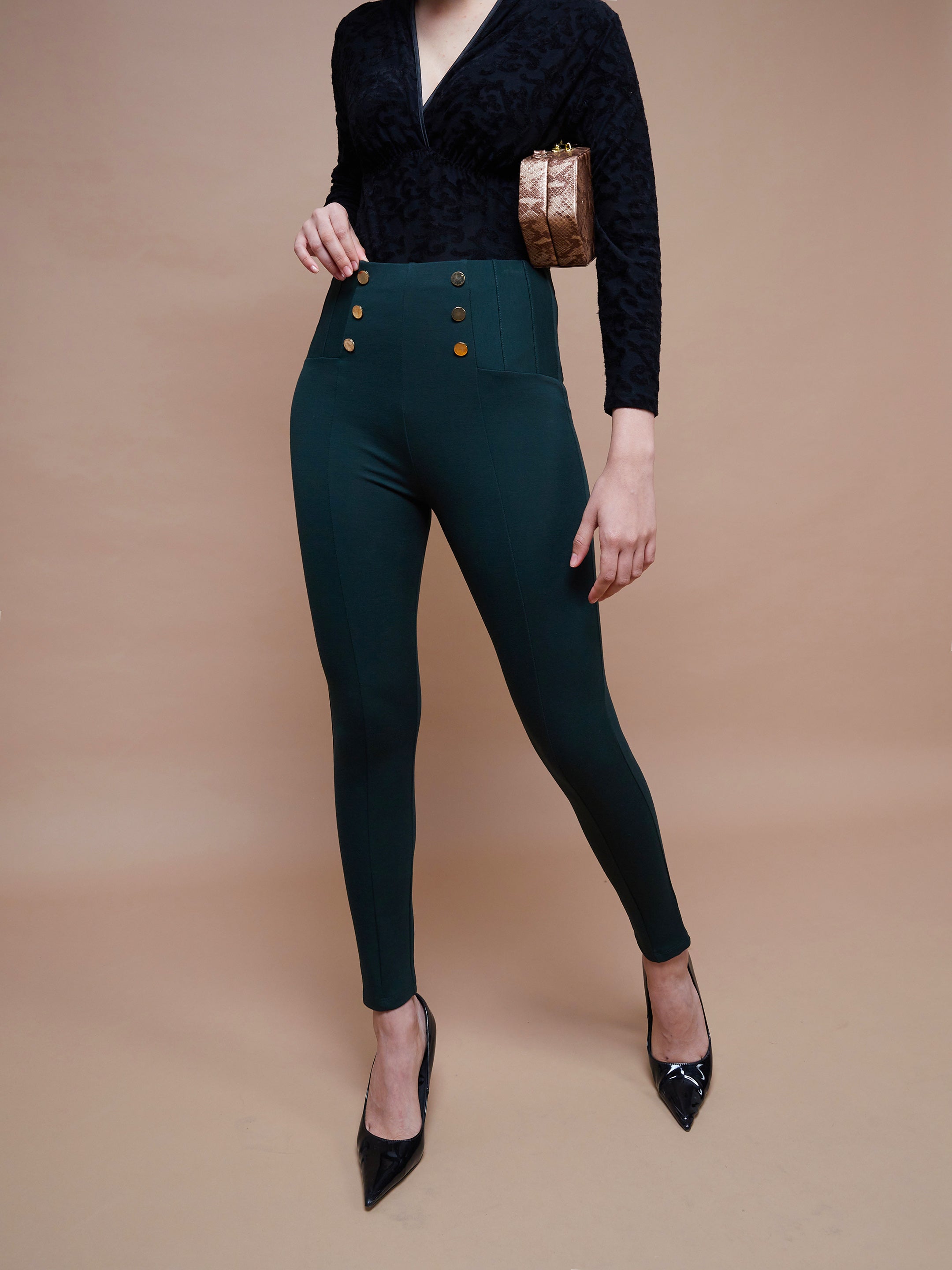 Women Emerald Green Show Button Jeggings