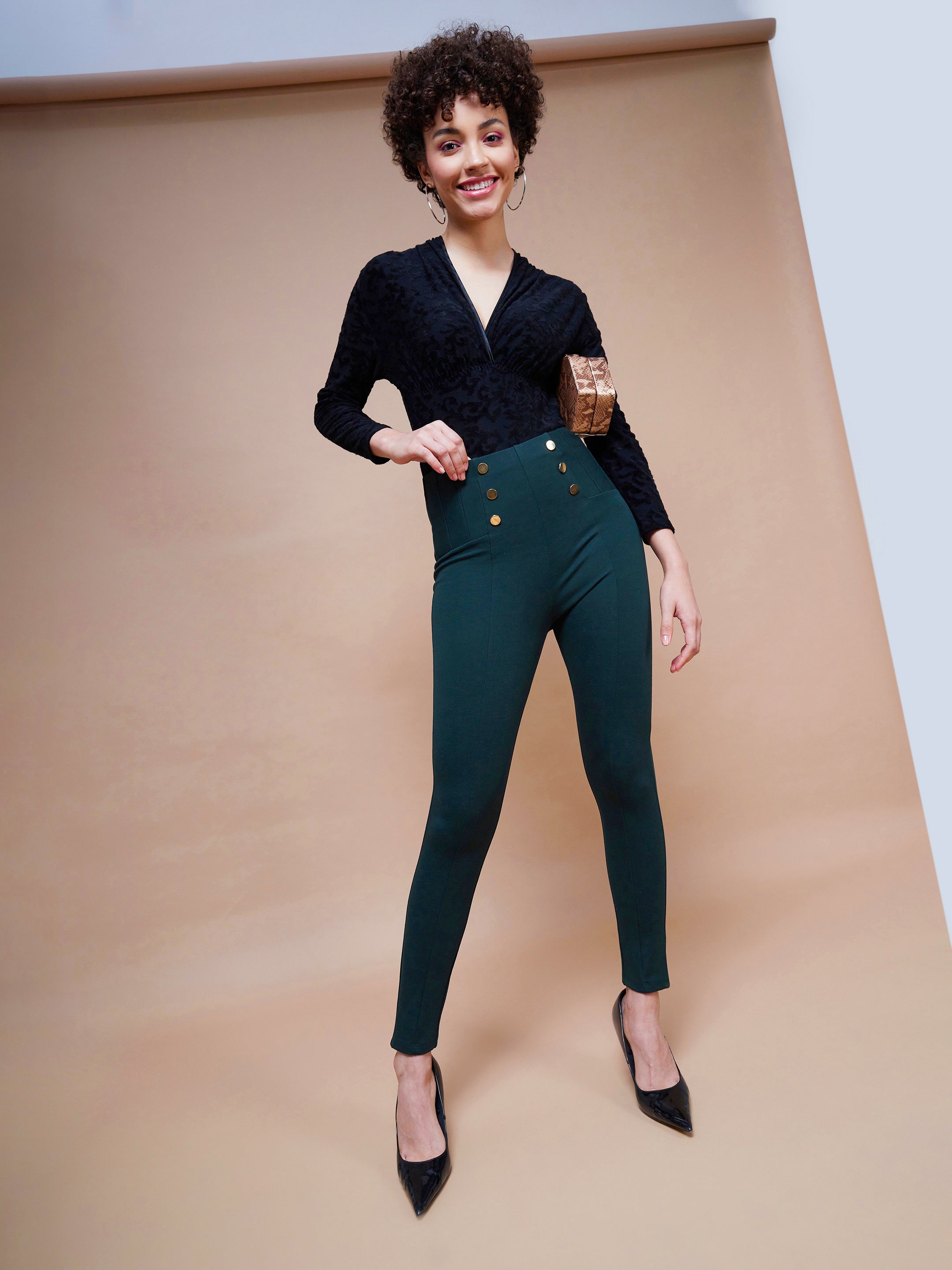 Women Emerald Green Show Button Jeggings