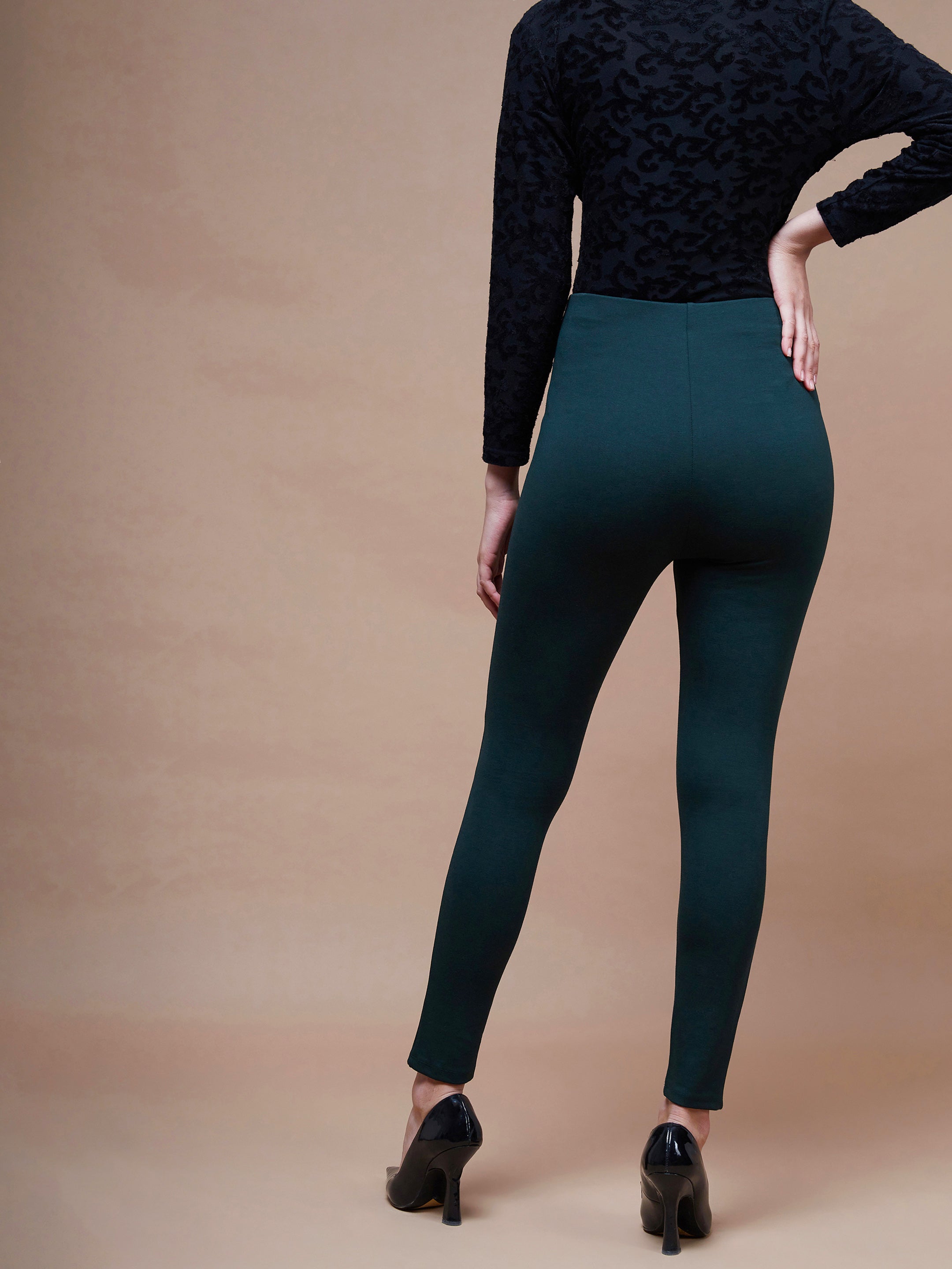 Women Emerald Green Show Button Jeggings