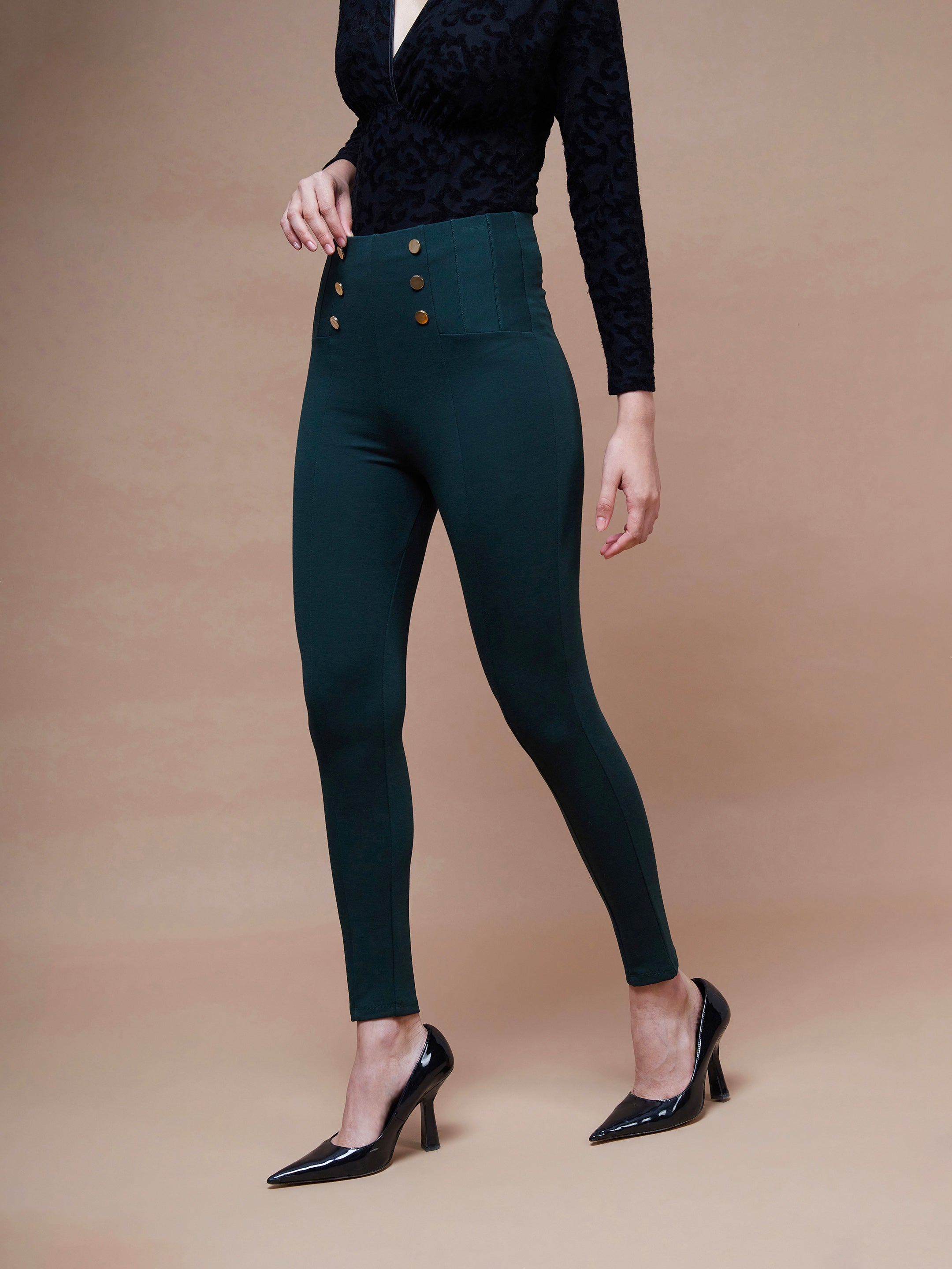 Women Emerald Green Show Button Jeggings