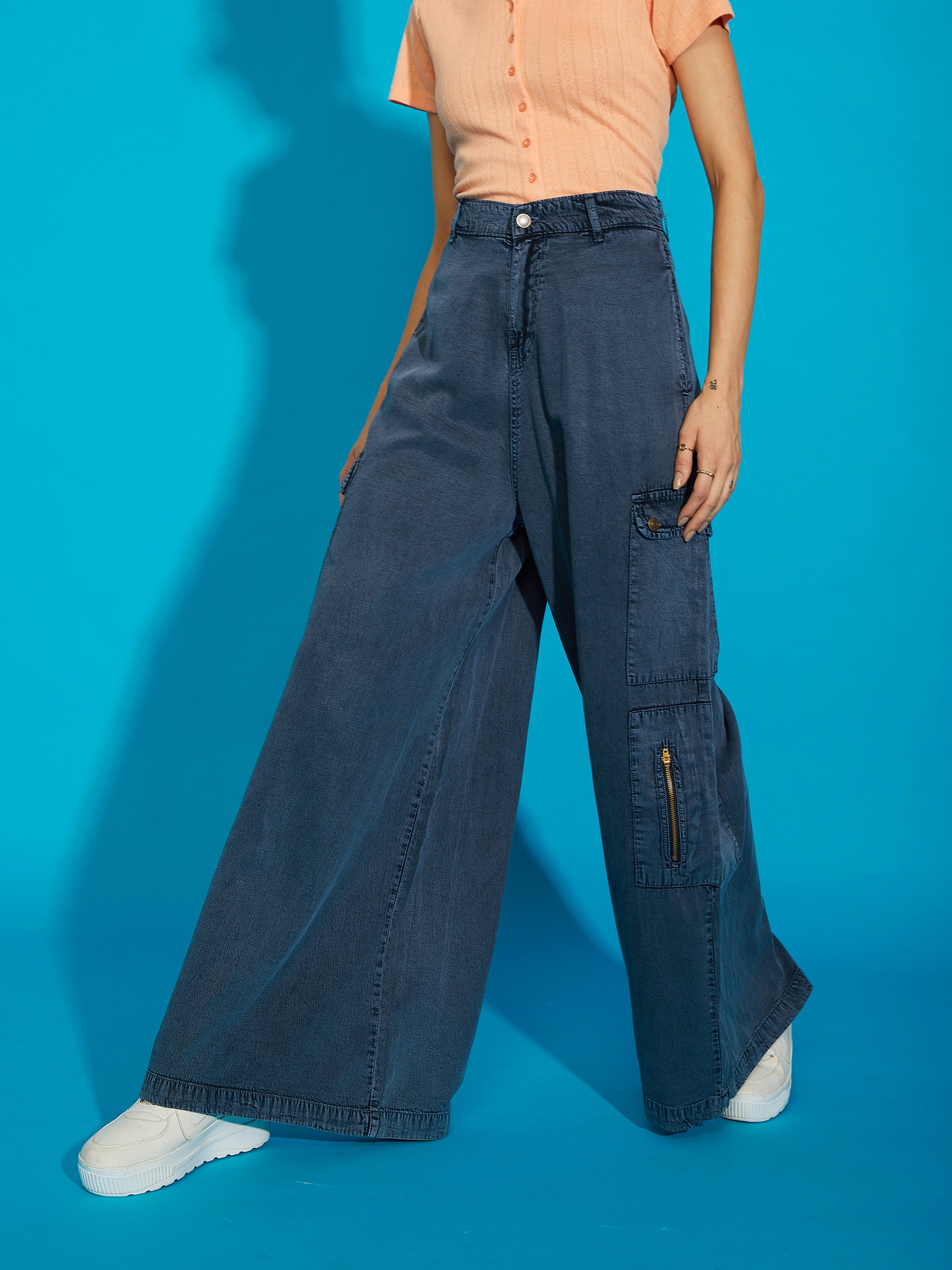 Women Grey Acid Wash Tencel Wide Leg Pants