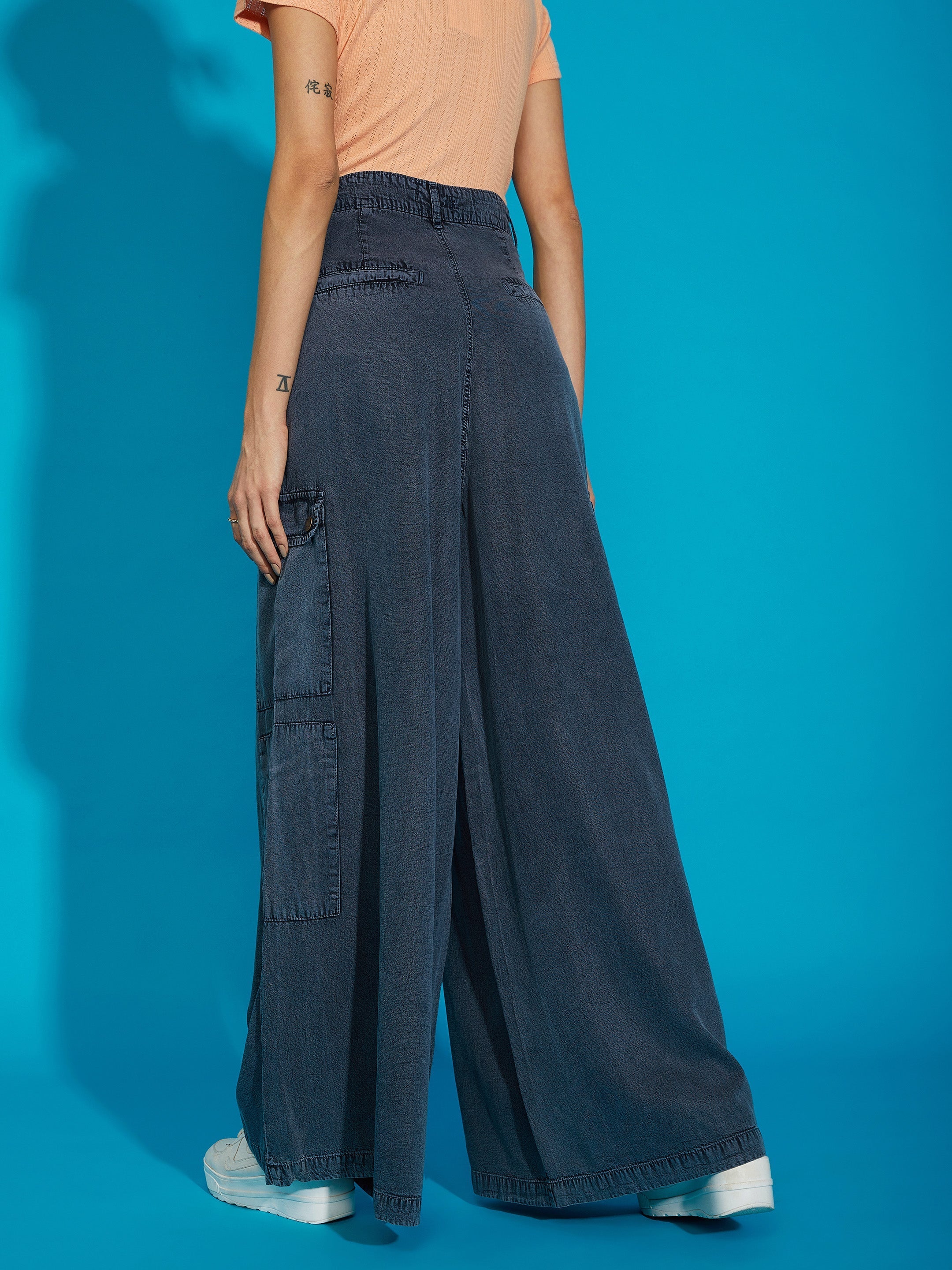 Women Grey Acid Wash Tencel Wide Leg Pants