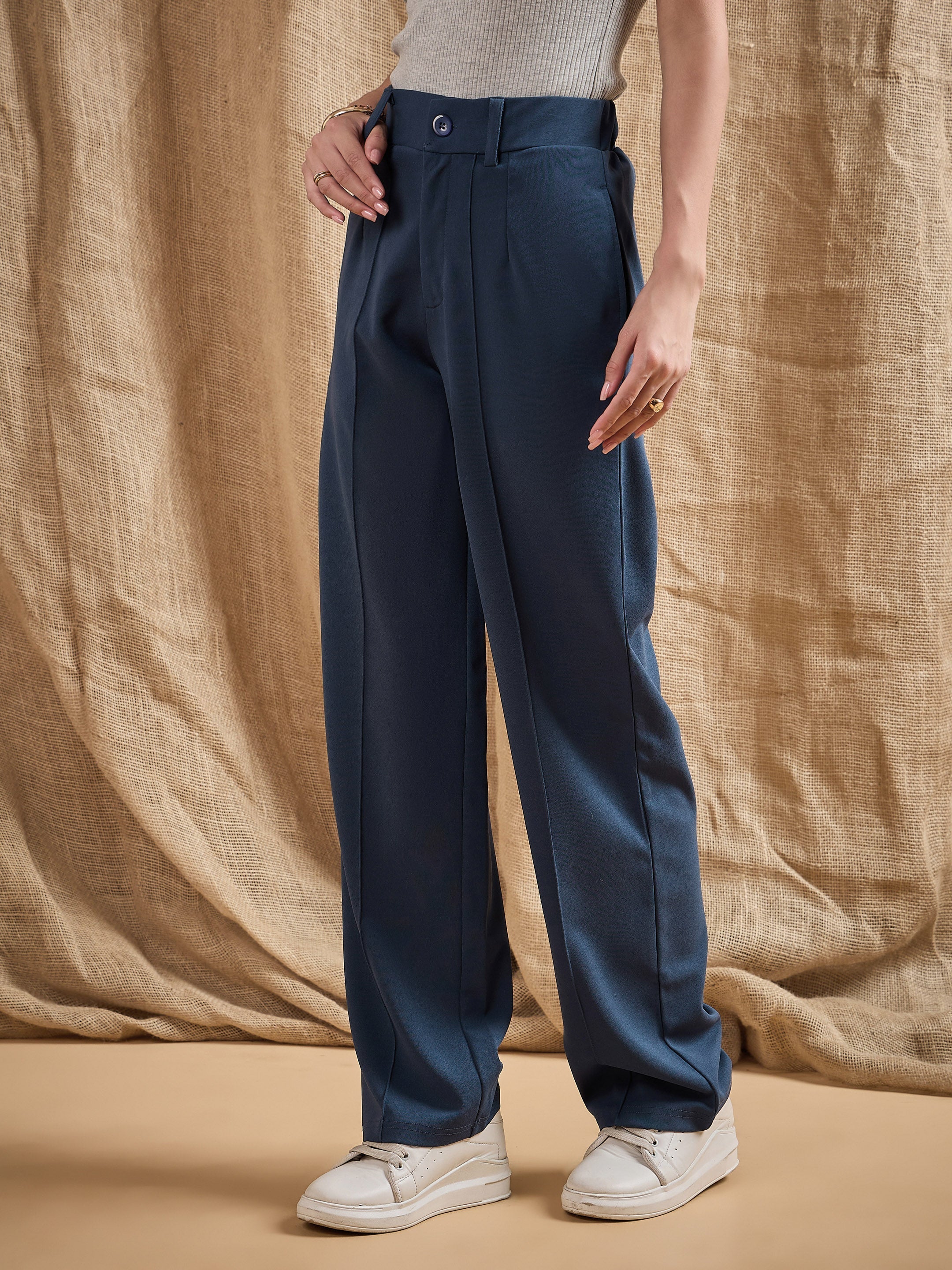 Women Airforce Blue Front Darted Strechable Pants