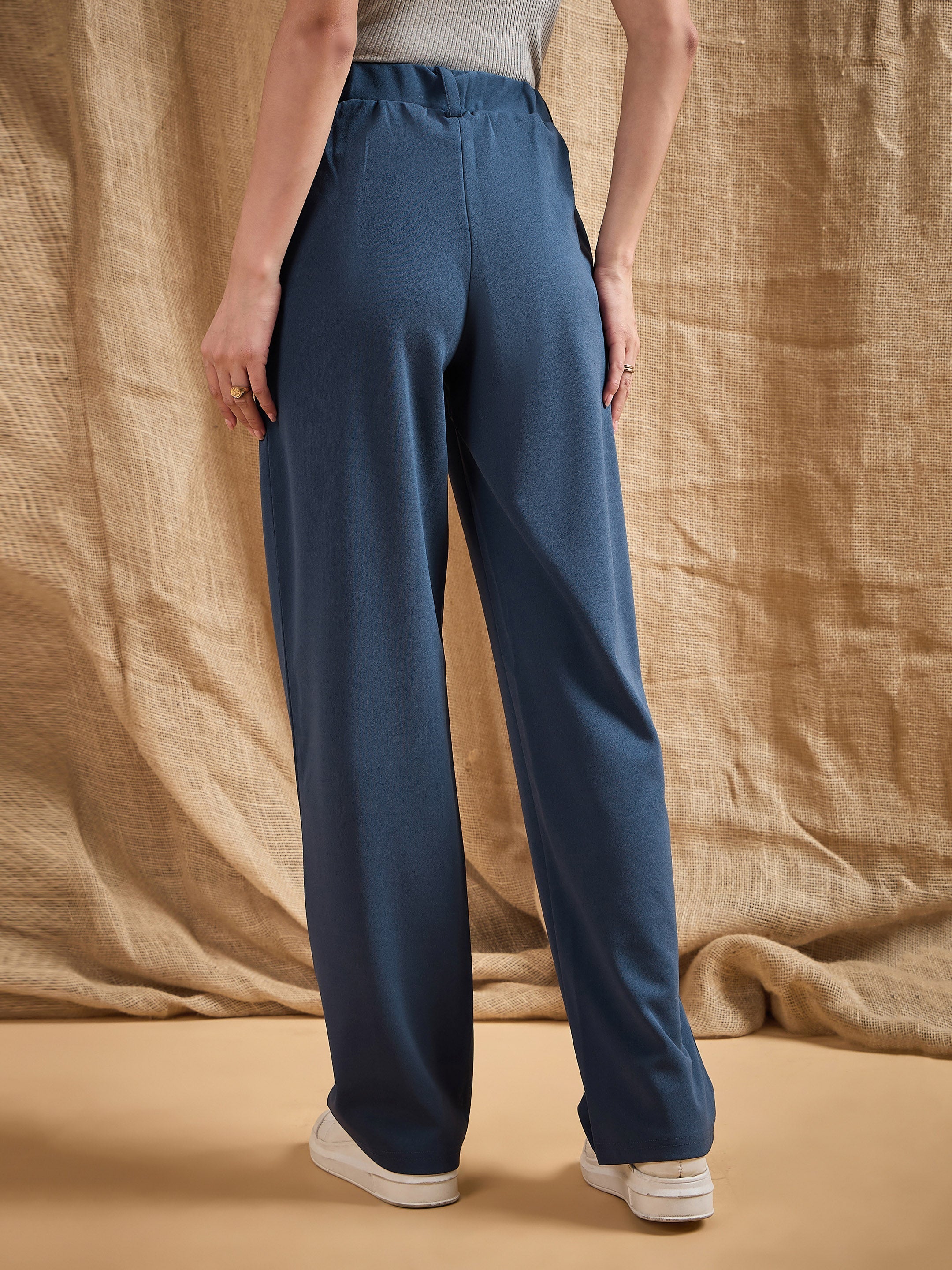 Women Airforce Blue Front Darted Strechable Pants